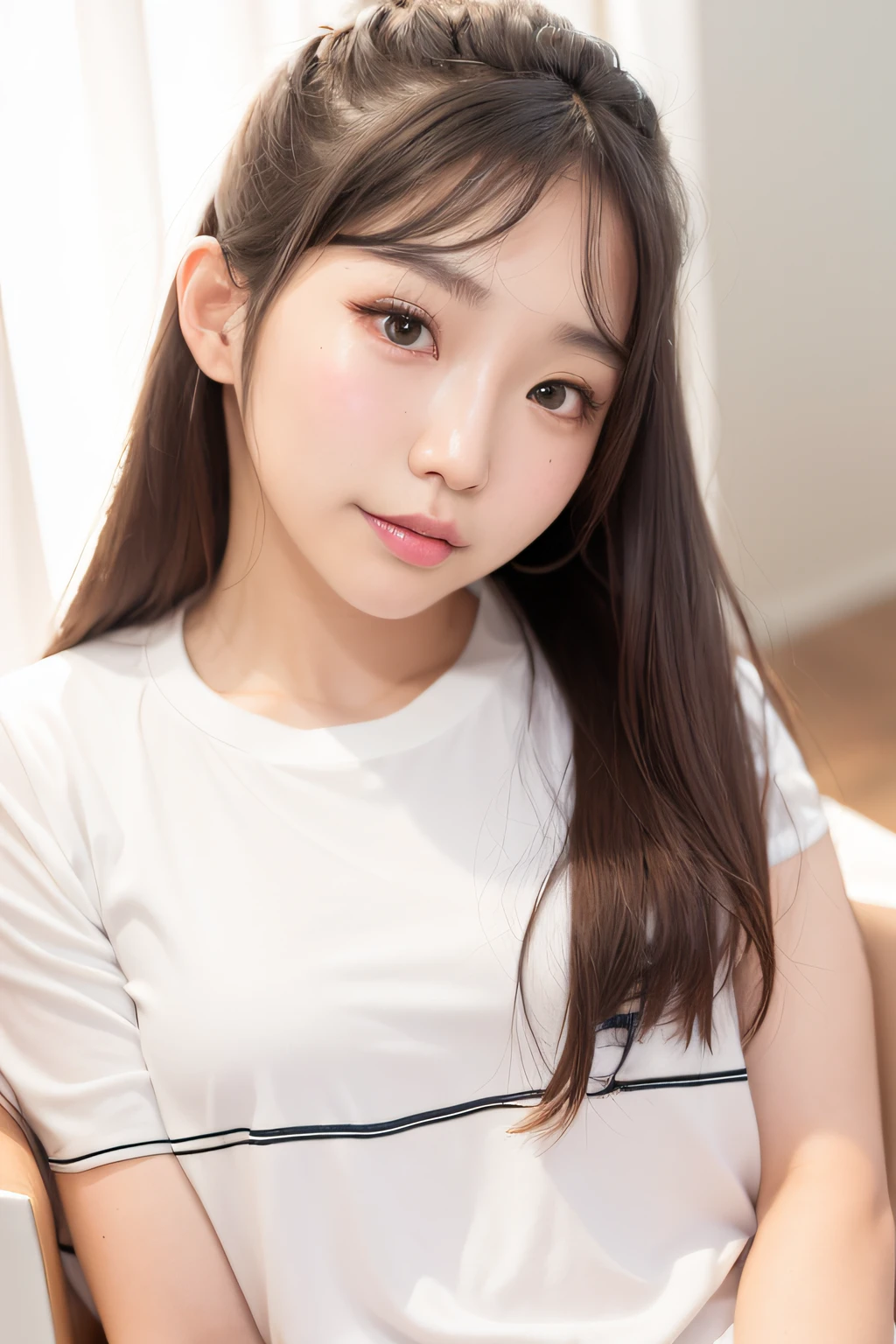 There was a young woman with long hair sitting in a chair, young lovely Korean faces, ulzzangs, wan adorable korean face, young cute wan asian face, girl cute-fine face, jaeyeon nam, Light makeup, portrait of female korean idol, Soft portrait shot 8 K, clear cute face, Korean girl, Popular Korean makeup