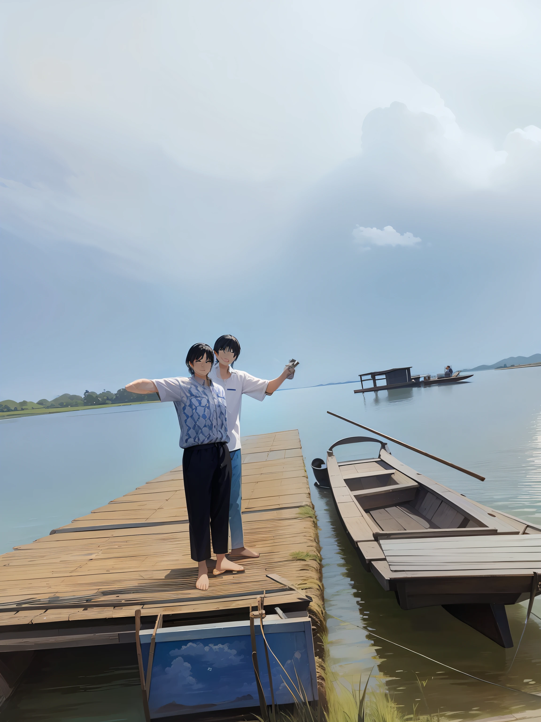 painting of a,A couple standing on a bamboo raft,with blue sky and white clouds behind,The surface of the water is turquoise
