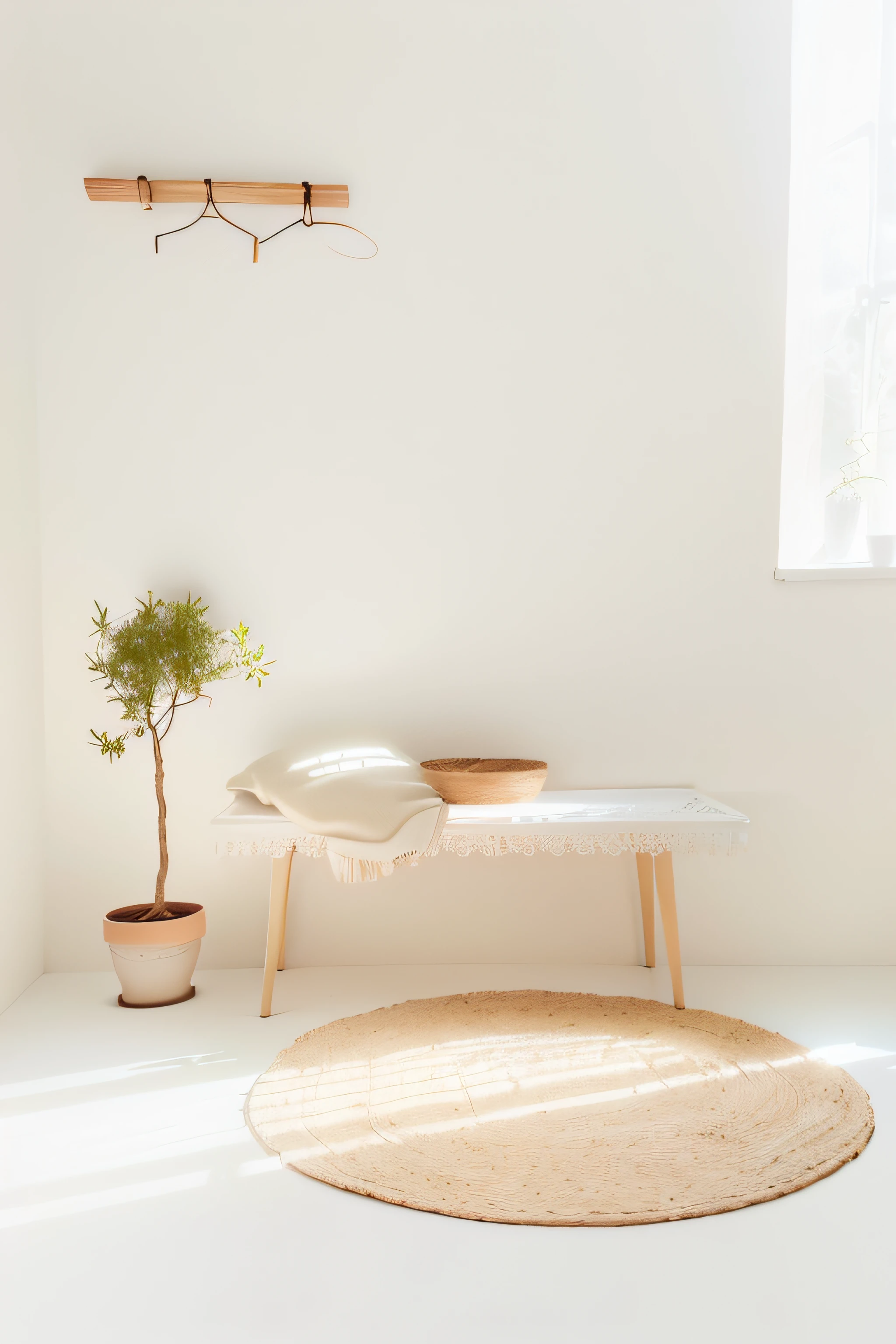 There is a small plant in the pot on the table, in a white boho style studio, bright render, on a white table, bright studio setting, with backdrop of natural light, minimalistic and beautiful, bright daylight indoor photo, Product photo, afternoon sunlight, all white render, cream - colored room, placed in a living room, muted colors with minimalism