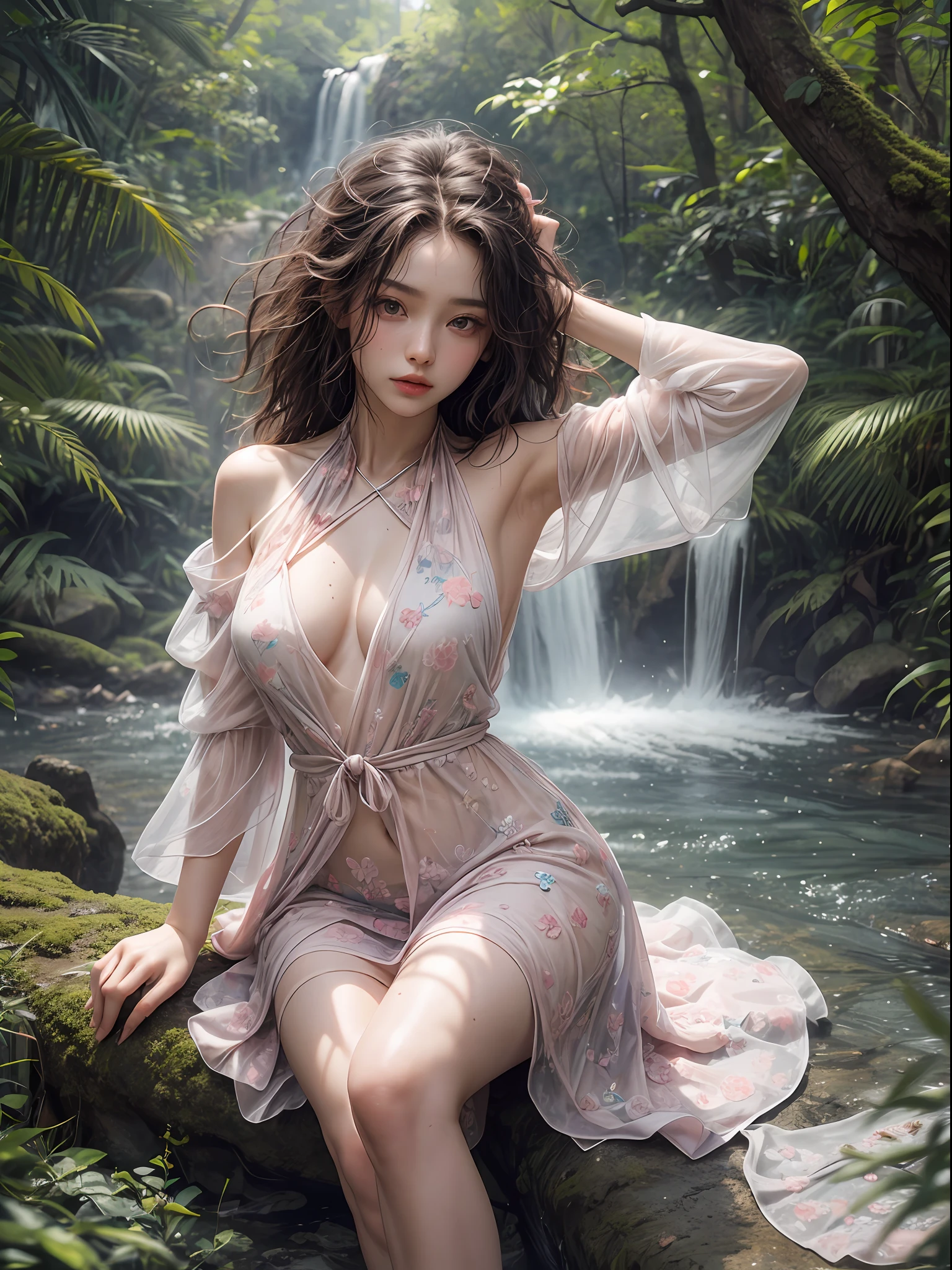 Holding a pale pink floral see-through stole with both hands、Swaying in the wind。Wearing a loose lilac see-through halter neck dress。Skirt flutters in the wind and spreads。Dynamic Posing。Dancing Poses。
Loose clothing shows shoulders。Very beautiful girl at 19 years old。
Hair swaying in the wind。 masutepiece、Best Photoreal、portlate、Sheer clothing、wetted skin、Wet hair、Sexy look、Functional、Bewitching、Clothes with an open back、Oblique composition、Waterfall in the forest、Sit on the rocks、Cross your legs、