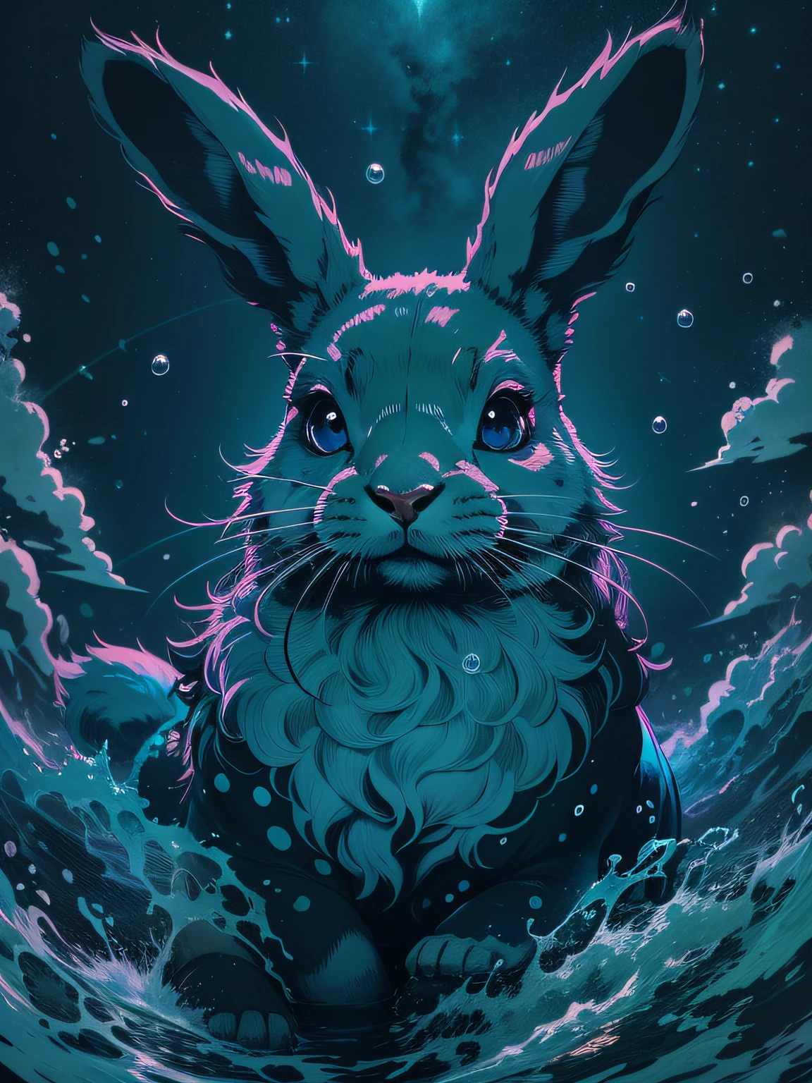 high quality, stary night blue black Rabbit, splash arts, aesthetic for Tshirt design, highly detailed, darktone