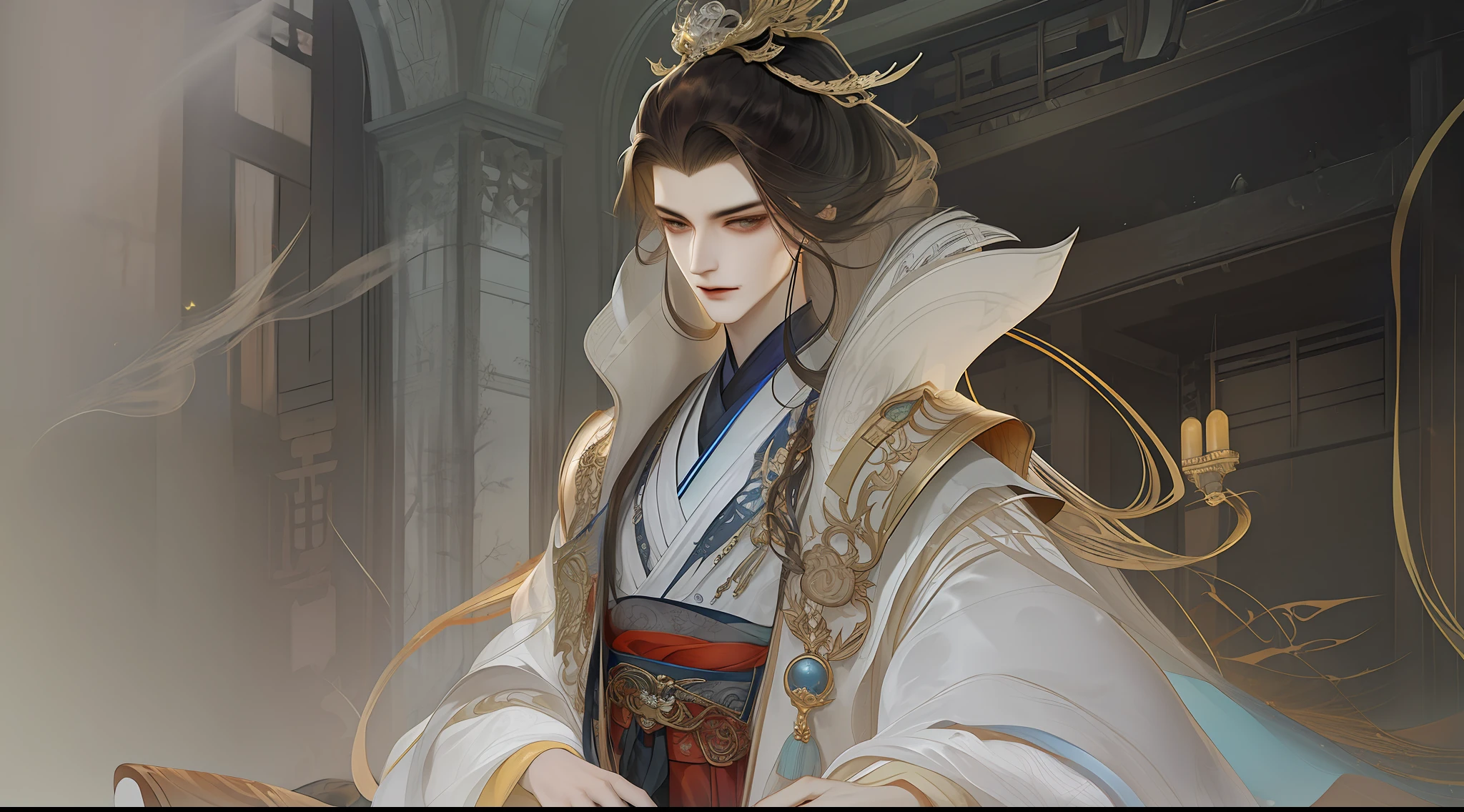 best qualtiy，tmasterpiece，highly detailed wallpaper，1 particularly beautiful woman and 1 handsome man、pretty eyes，Character standing drawing，malefocus，brunette color hair，long whitr hair，Kingly temperament，详细的脸，gorgeous hair accessory，looking at viewert，Hanfu，超高分辨率，sketching，ink wash style