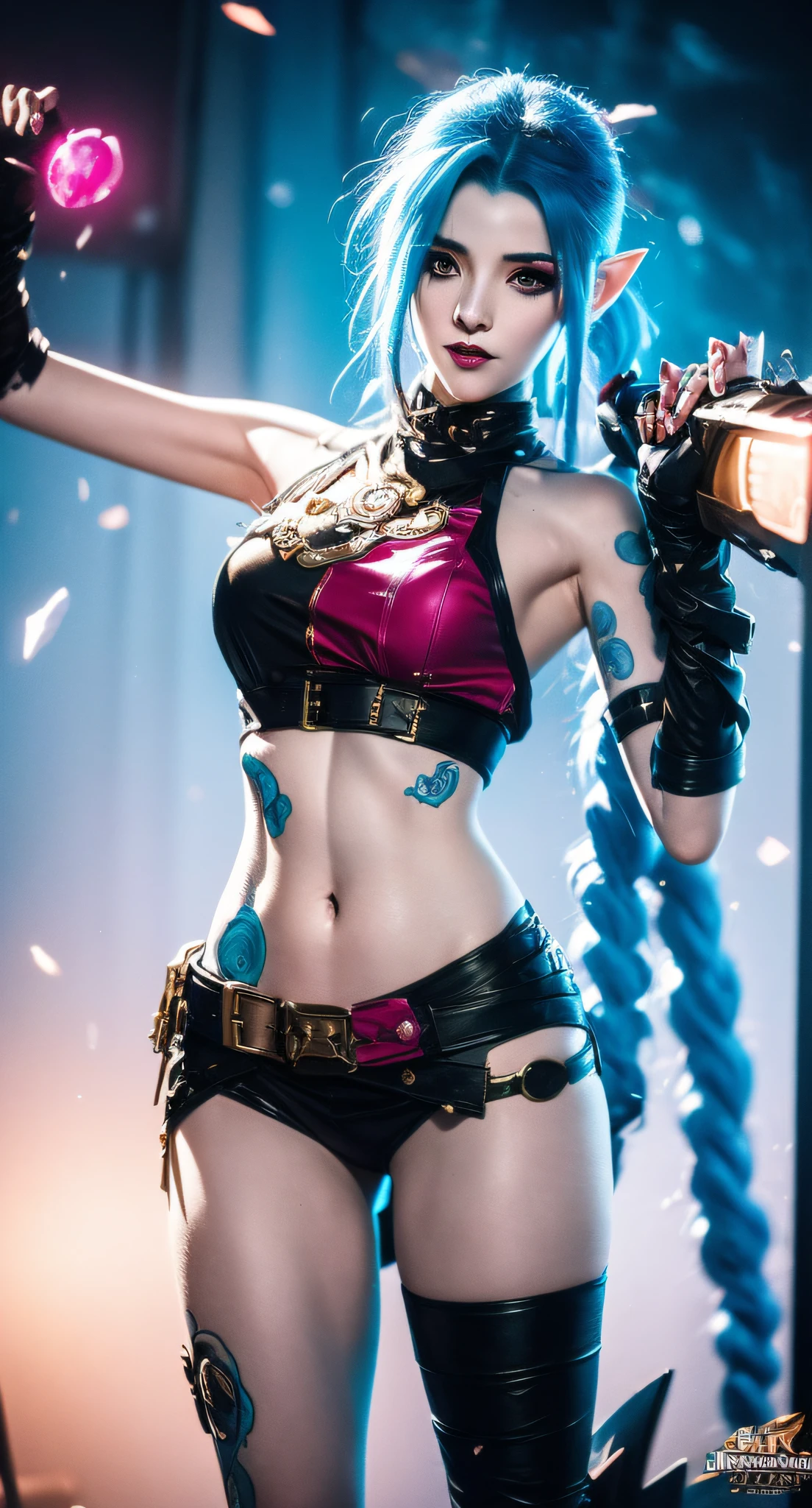 (Jinx,League of Legends heroes),Best quality, offcial art, 8K wallpaper, Highly detailed, illustration, Detailed eyes, Beautiful elf with weapon in hand, full body,Wear a lot of clothes，With a weapon in his hand, Emits blue light, In battle, Cool background, Blue light, Flames , (Best quality),((Masterpiece)),(A high resolution), Original, Extremely detailed 8k wallpaper,(An extremely delicate and beautiful)