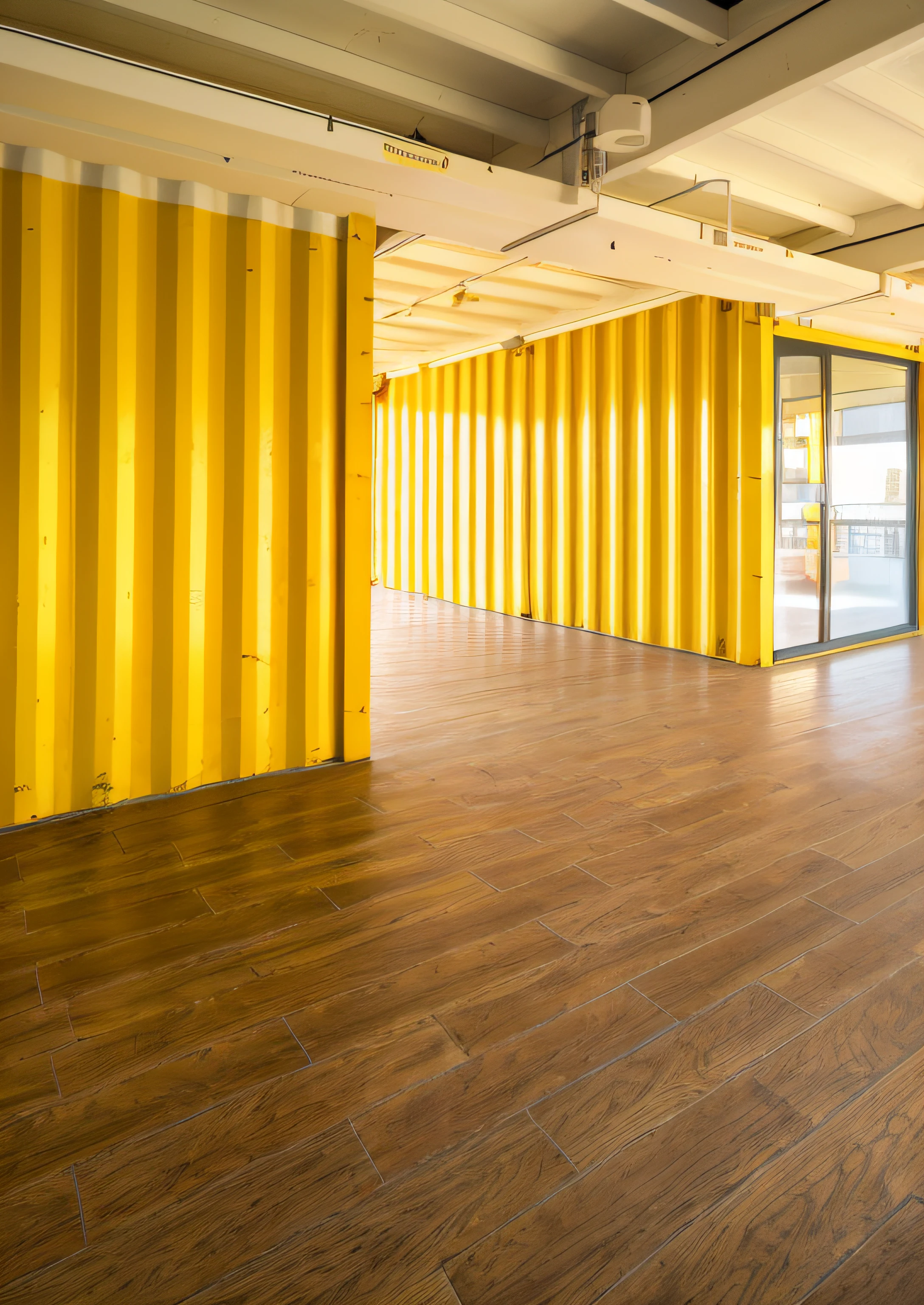 Large yellow container in the big room, walls with tone of yellow, shipping containers, indoor liminal space, yellow walls, liminal space hallway, yellow carpeted, glossy yellow, modular, Rustic, wooden floor, author:Richard Carlin, Brilliant, an empty liminal space, Wooden floors, empty liminal space, Open shiny floor