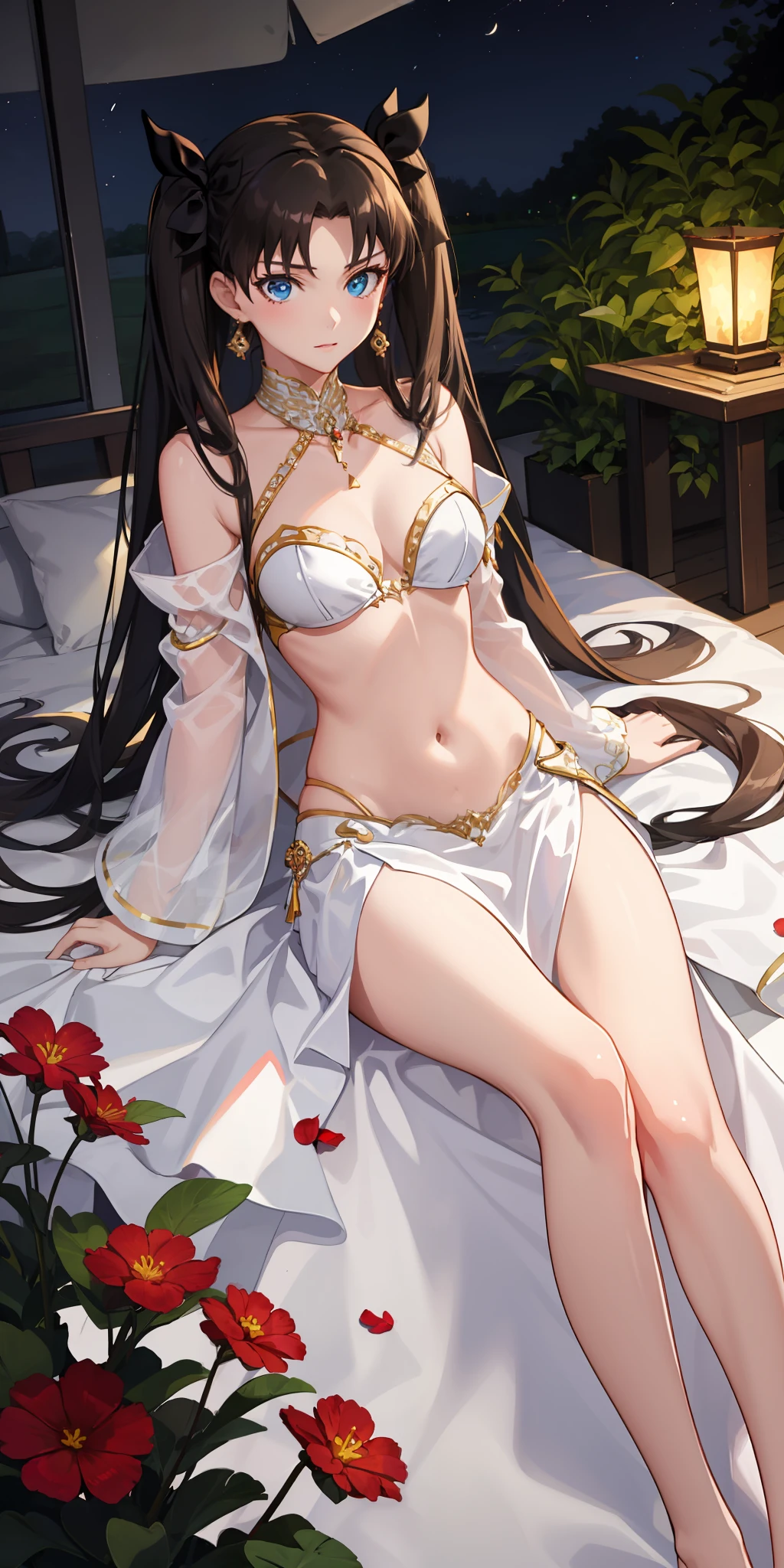 long hair, black hair, medium breast, slim legs, nervous, white gown, cleavage, arabian belly dancer , skirt, rin tohsaka, twin tail, navel, garden, night, laying down, blue eyes