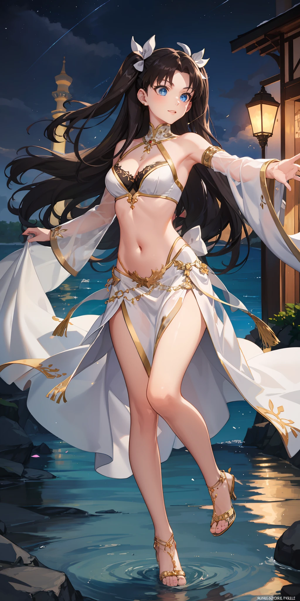 long hair, black hair, medium breast, slim legs, happy, white gown, cleavage, arabian belly dancer , short skirt, rin tohsaka, twin tail, navel, river, night, blue eyes, posing