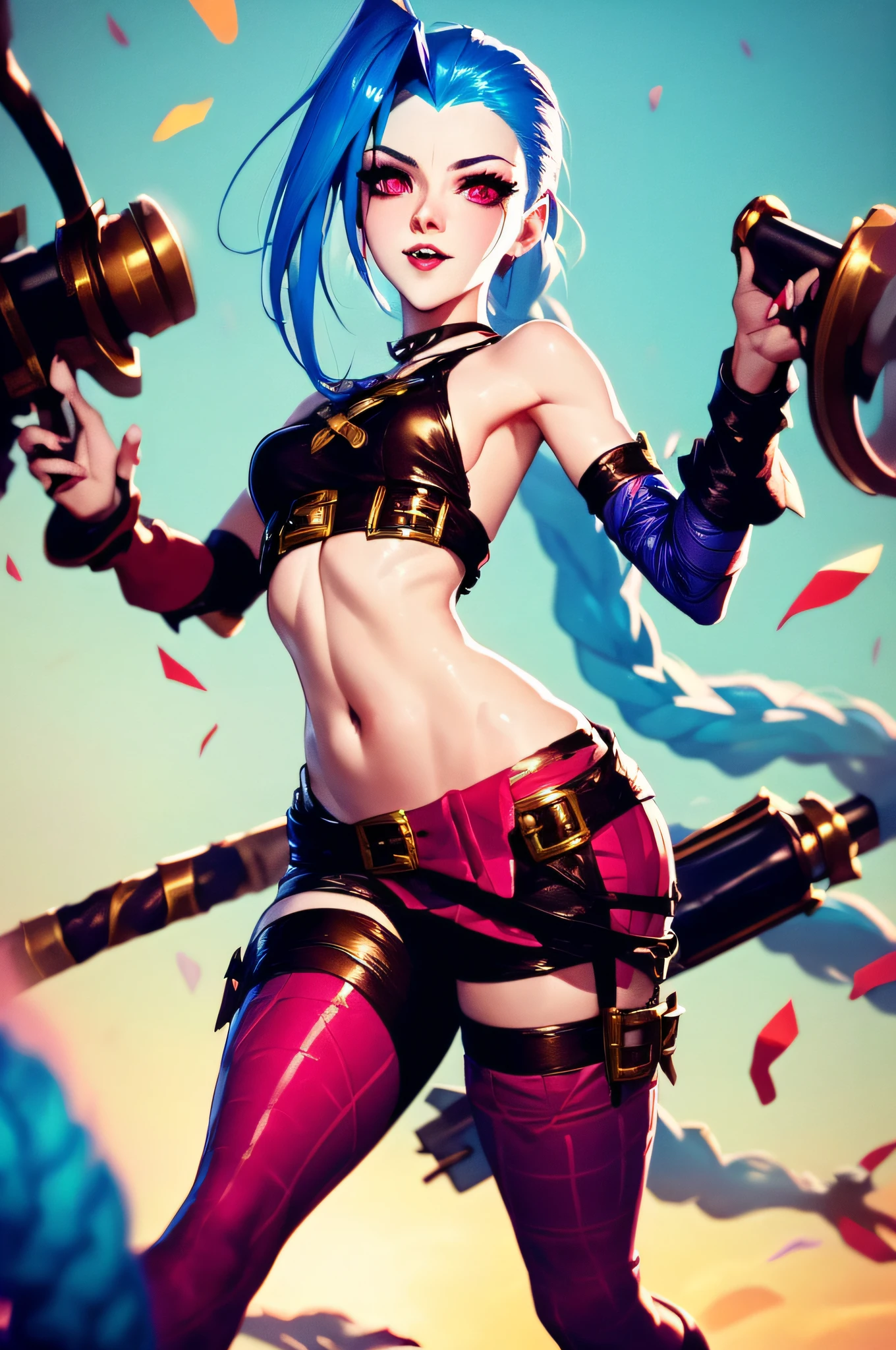 (Jinx,League of Legends heroes),best quality, official art, 8k wallpaper, highly detailed, illustration, detailed eyes, pretty jinx with weapon in hand, full body,Wearing a lot of clothes，Holding weapons in hand, emitting blue light, in battle, cool background, blue light, flames , (best quality),((masterpiece)),(highres), original, extremely detailed 8K wallpaper,(an extremely delicate and beautiful)