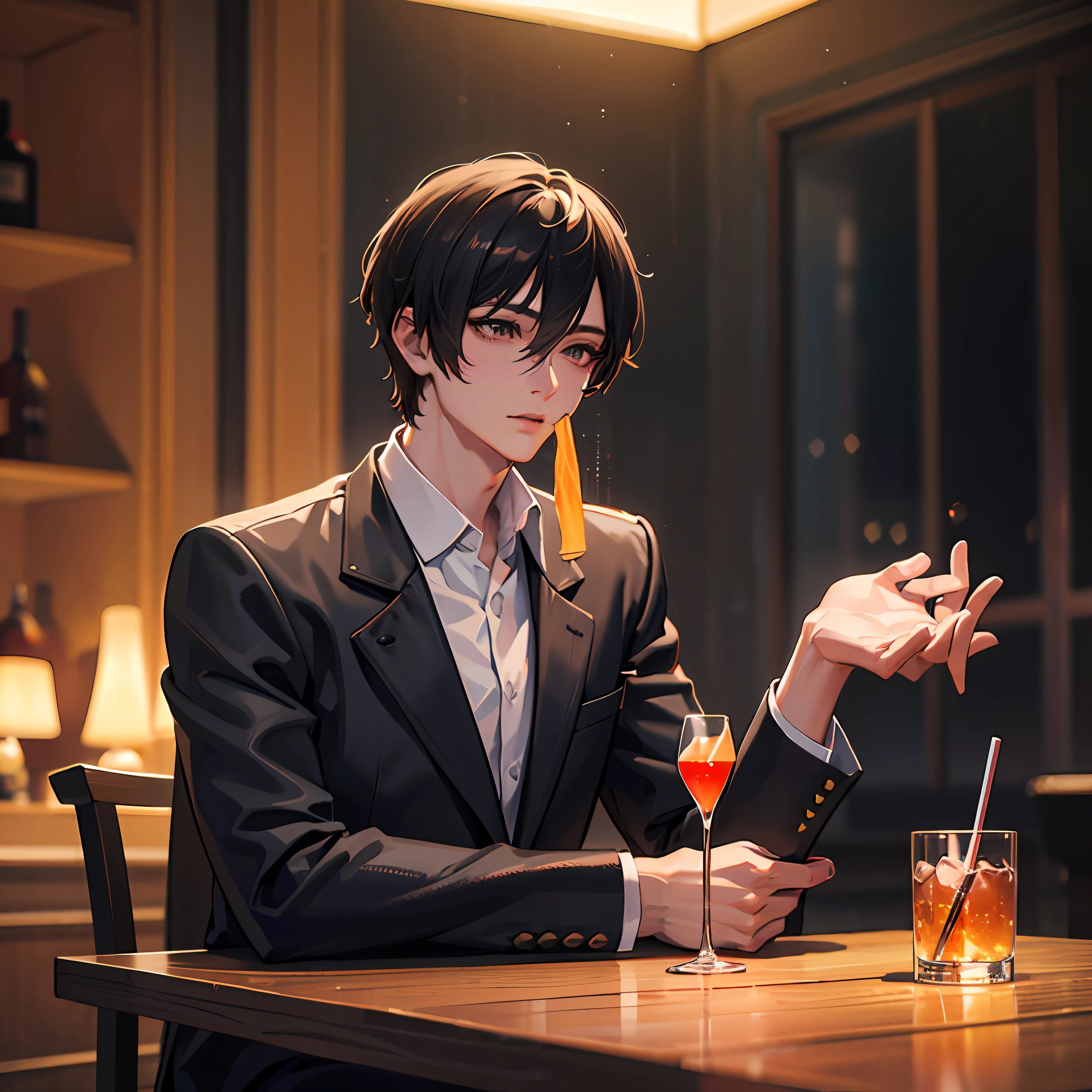 here is a young man drinking in an pit black cocktail bar while is raining outside , realistic anime 3 d style, 3 d realistic, photorealistic render, photorealistic , a hyperrealistic , hyperrealistic, hyper realistic, realistic, realism style, in real life, realism, realistic artstyle --auto