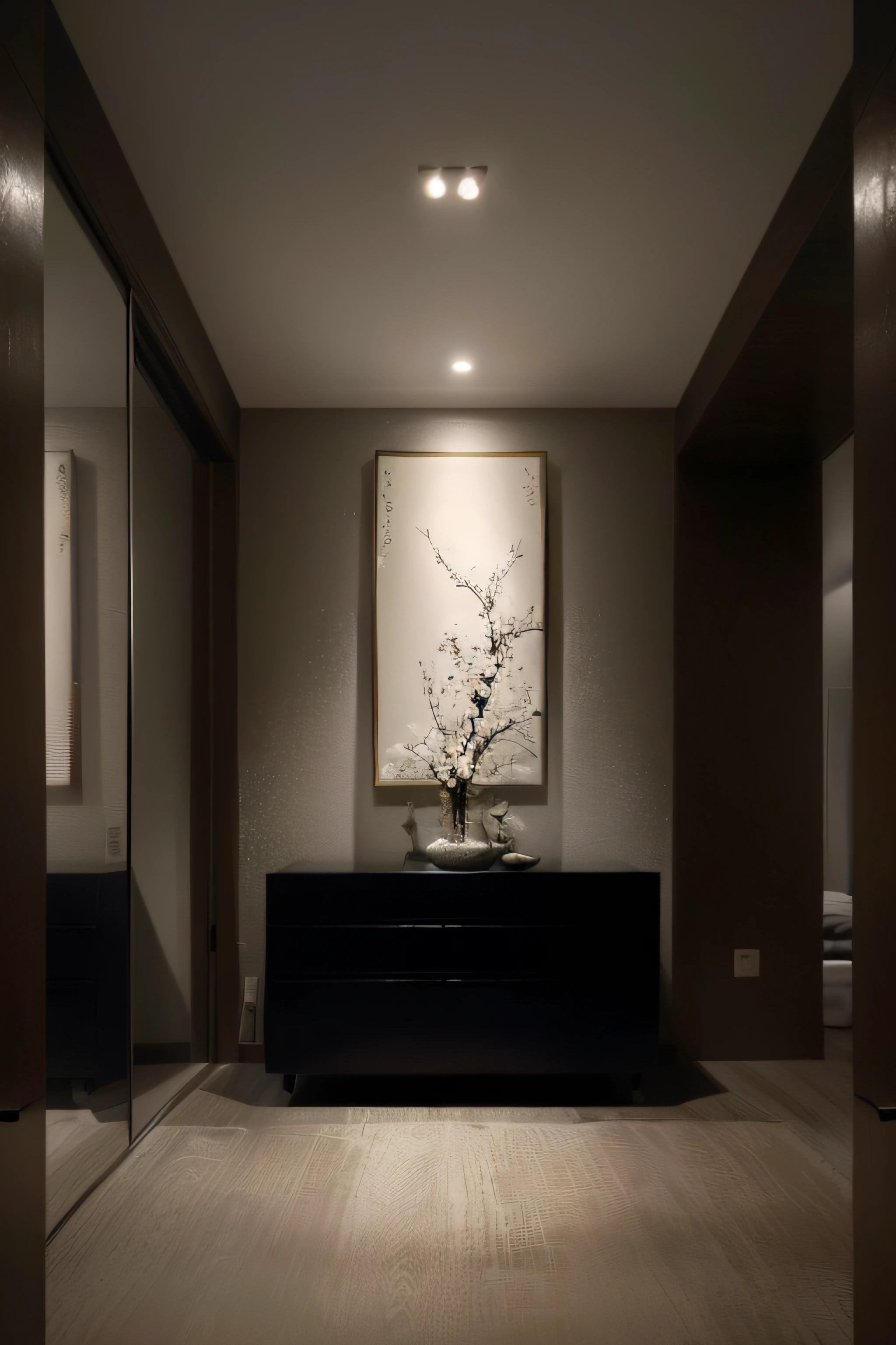 There is a photo of a room with a dresser and a painting, dimly lit interior room, award winning interior design, dim accent lighting, sumi - e lighting style, hanging scroll on wall, Dimly lit room, luxury condo interior, elegant and refined painting, room interior, warm lighting interior, interior of a small room, inspired by Liu Haisu