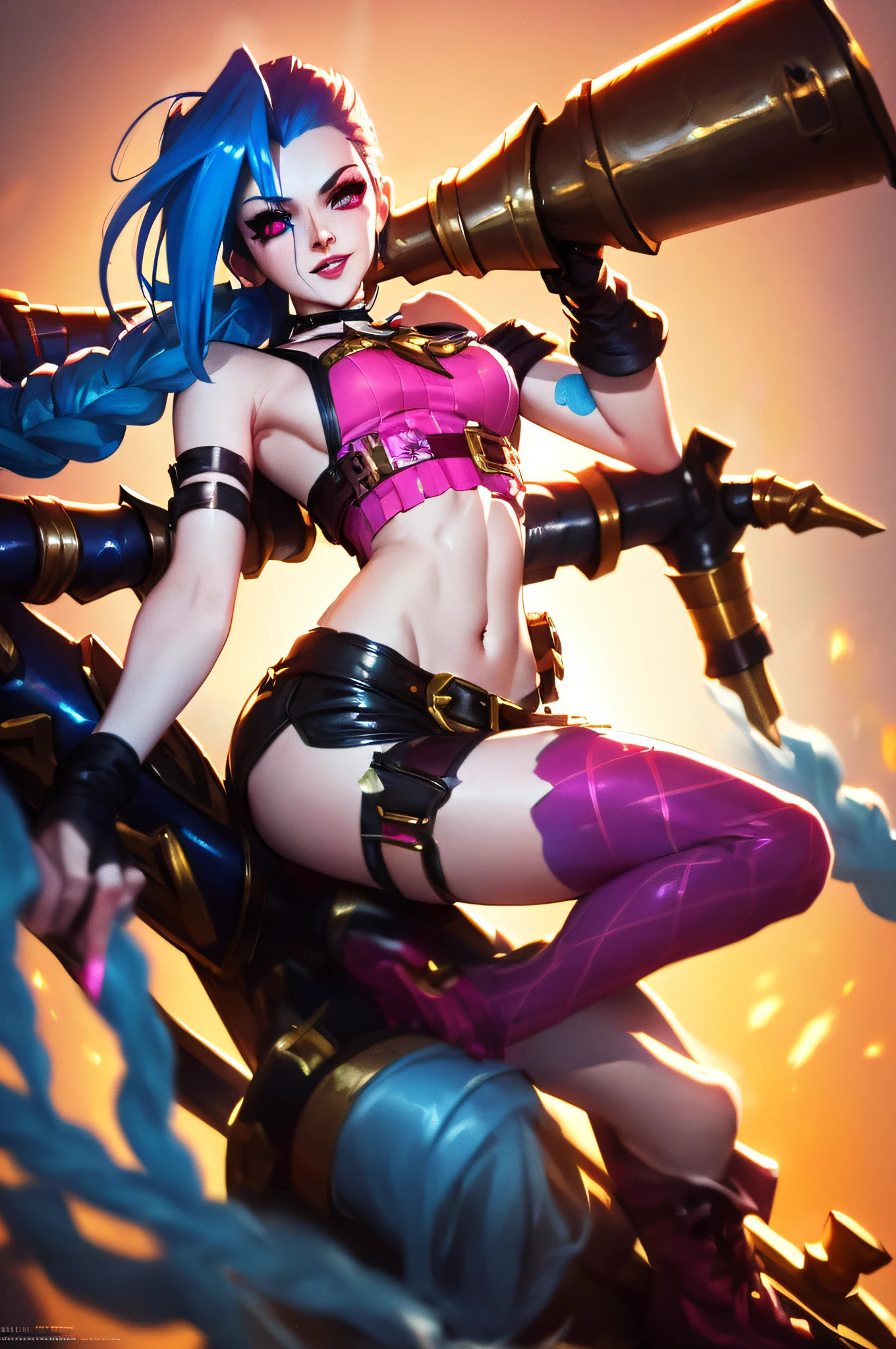 (Jinx,League of Legends heroes),best quality, official art, 8k wallpaper, highly detailed, illustration, detailed eyes, pretty jinx with weapon in hand, full body,Wearing a lot of clothes，Holding weapons in hand, emitting blue light, in battle, cool background, blue light, flames , (best quality),((masterpiece)),(highres), original, extremely detailed 8K wallpaper,(an extremely delicate and beautiful)