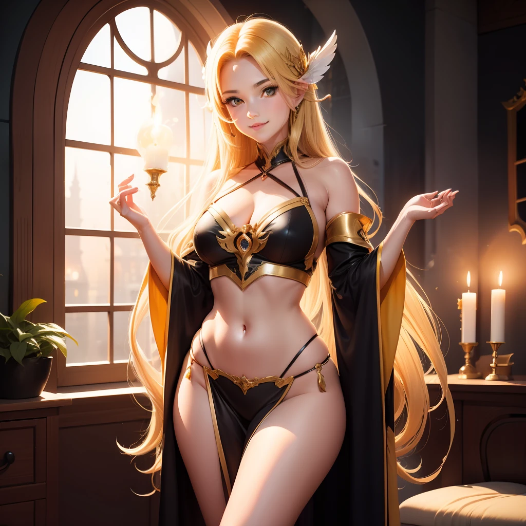 Last saved image: textual_inversion\2023-07-24\Mind Blaster\images\Mind Blaster-200000.png, prompt: a small painting of a cartoon of a woman in a sexy outfit with a sword in her hand and a window behind her, 1girl, bangs, bare shoulders, blonde hair, breasts, candle, cleavage, detached sleeves, fire, flame, hair ornament, indoors, jewelry, lips, long hair, looking at viewer, magic, medium breasts, navel, pelvic curtain, revealing clothes, smile, solo, thighs, very long hair, wide sleeves, window, yellow eyes, art by Mind Blaster