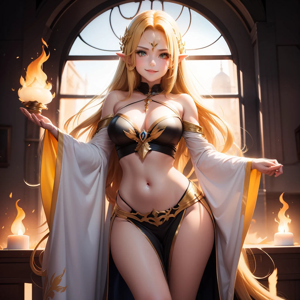 Last saved image: textual_inversion\2023-07-24\Mind Blaster\images\Mind Blaster-200000.png, prompt: a small painting of a cartoon of a woman in a sexy outfit with a sword in her hand and a window behind her, 1girl, bangs, bare shoulders, blonde hair, breasts, candle, cleavage, detached sleeves, fire, flame, hair ornament, indoors, jewelry, lips, long hair, looking at viewer, magic, medium breasts, navel, pelvic curtain, revealing clothes, smile, solo, thighs, very long hair, wide sleeves, window, yellow eyes, art by Mind Blaster