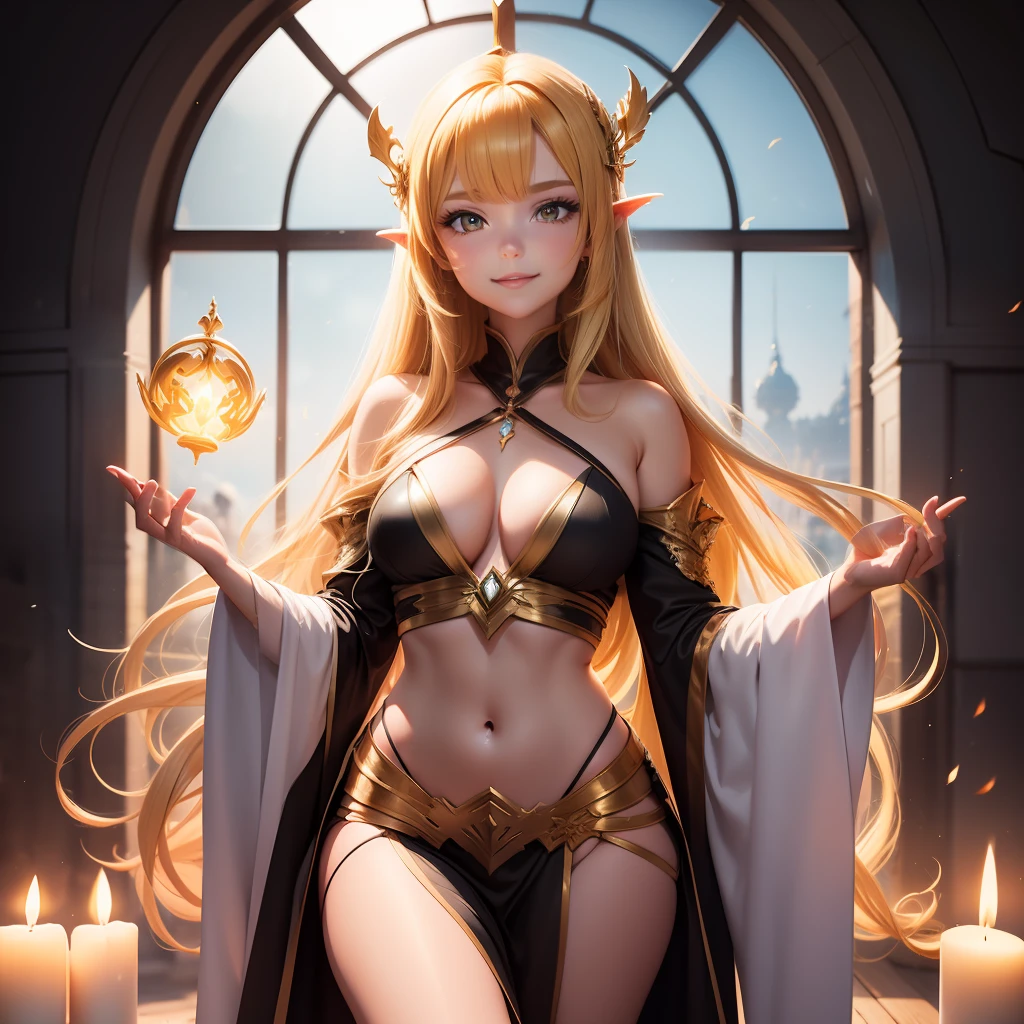 Last saved image: textual_inversion\2023-07-24\Mind Blaster\images\Mind Blaster-200000.png, prompt: a small painting of a cartoon of a woman in a sexy outfit with a sword in her hand and a window behind her, 1girl, bangs, bare shoulders, blonde hair, breasts, candle, cleavage, detached sleeves, fire, flame, hair ornament, indoors, jewelry, lips, long hair, looking at viewer, magic, medium breasts, navel, pelvic curtain, revealing clothes, smile, solo, thighs, very long hair, wide sleeves, window, yellow eyes, art by Mind Blaster
