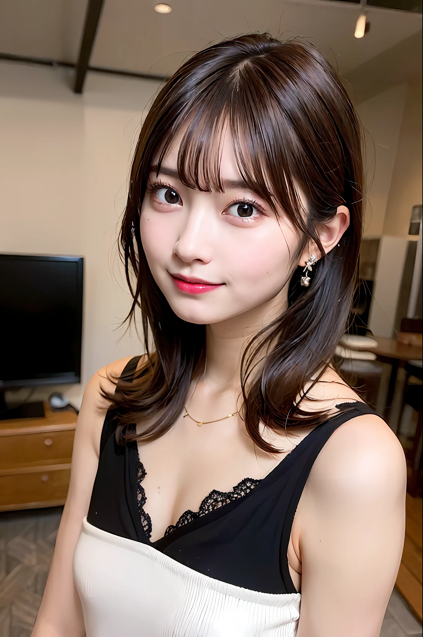 masterpiece,masterpiece, top quality, best quality, realistic, unity, 8k wallpaper, official art, extremely detailed CG unity 8k wallpaper, ulzzang-6500, (original: 1.2), (realistic: 1.4), ultra detail, high resolution, ultra detailed,amazing, fine detail, cinematic lighting,
(1girl:1.4 ), (brown|black hair:1.4), medium hair, (realistic skin:1.2), (light brown skin:1.2),(small breasts), beautiful girl with beautiful details, extremely detailed eyes and face, eyes with beautiful details, huge file size, ultra detailed and beautiful, blushing, ashamed,(smile:1.2), black eyes, model shoot tyle, full body shoot, (random color lace underwear), earings, chain necklace, loft apartment, living room, (almost empty room),