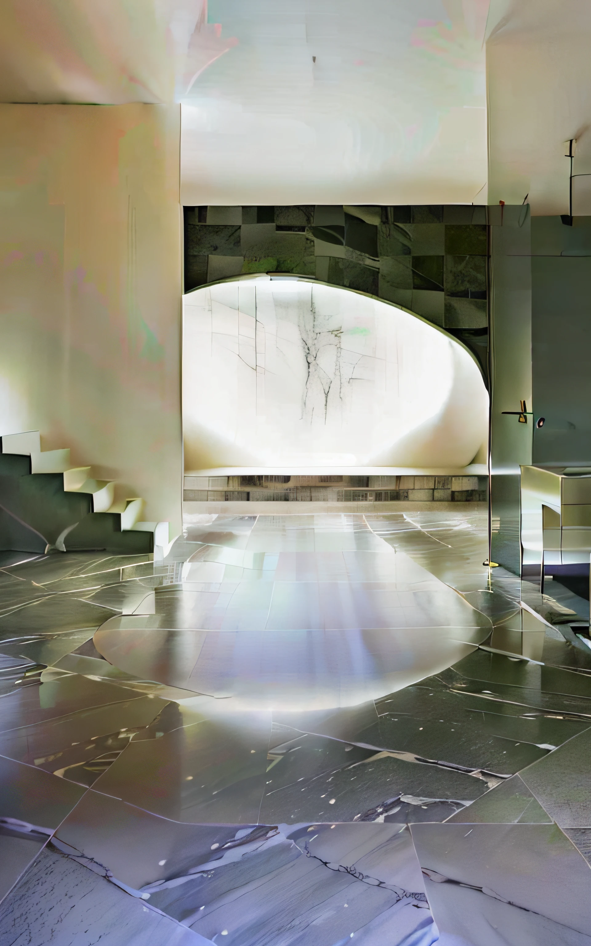 Rooms have marble floors,Stairs available。, Reflective floor, hallway landscape, colored marble, marble floor, marble floor, Marble room, mirror and glass surfaces, Archilek, landscape vista, inspired by Ricardo Bofill, Shiny marble floor, marble hole, smooth marble surfaces, rendered in enscape, mix with rivendell architecture