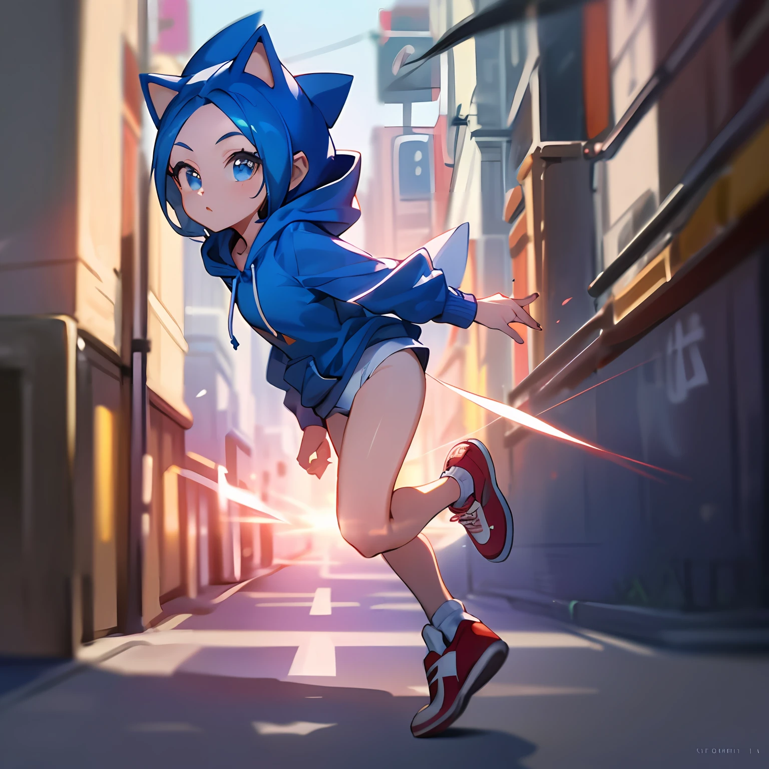 (masterpiece:1.2, best quality), (highly detailed), 1girl, 16yo girl, teen, long legs, (white panties), (blue sonic the hedgehog hoodie), hood on, red sneakers, running, street, low angle, Original Character, Volumetric Lighting, Best Shadows, Shallow Depth of Field, (Highest Quality, Amazing Details:1.25), Brilliant Colorful Paintings