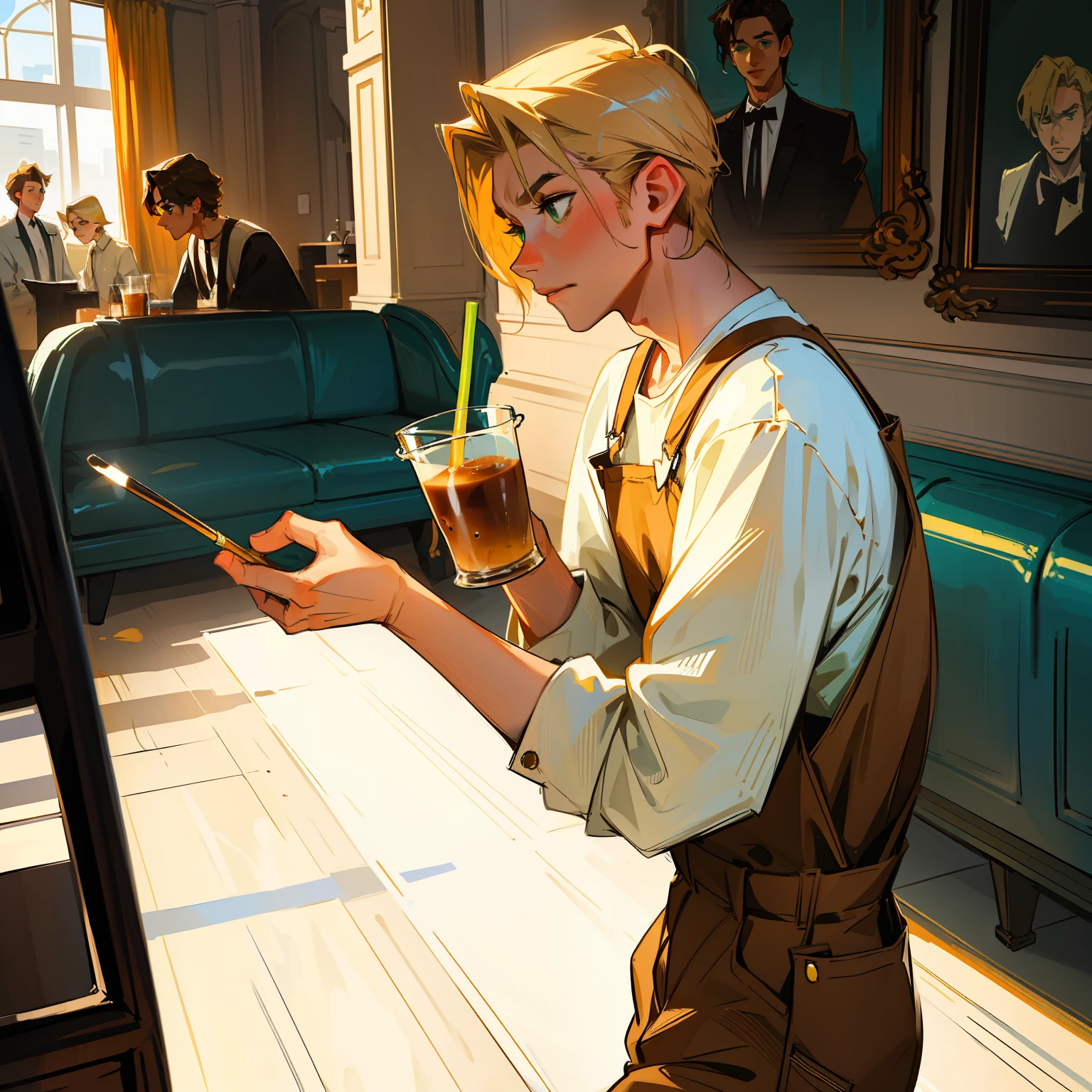 Impresionismo，oil painted，Epic，Exquisitely，Iced coffee art，The strokes are delicate，Anime boys，Valet overalls，handsome and elegant ，Golden hair，Green eyes，inside in room