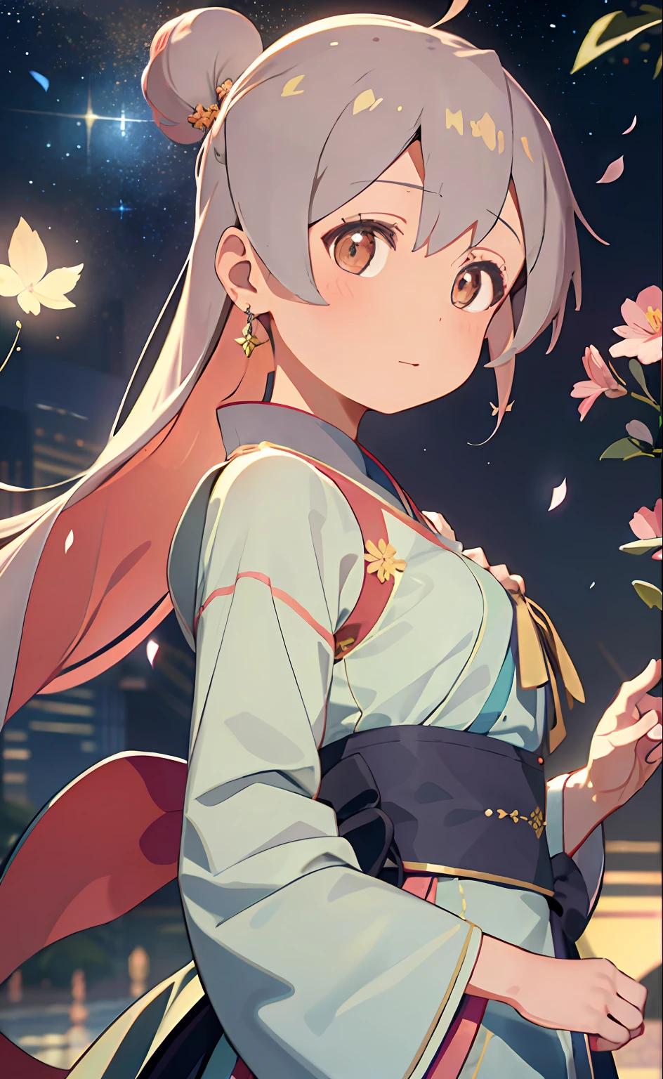 Mature girl ,Floating hair,Delicate and agile eyes,Starry pupils,Intricate damask hanfu,Gorgeous accessories,Wearing pearl earrings,fov,F1.8,tmasterpiece,Complexscenes,Petals flying,Frontal portrait shot,Chang'e,Oyama Makoto