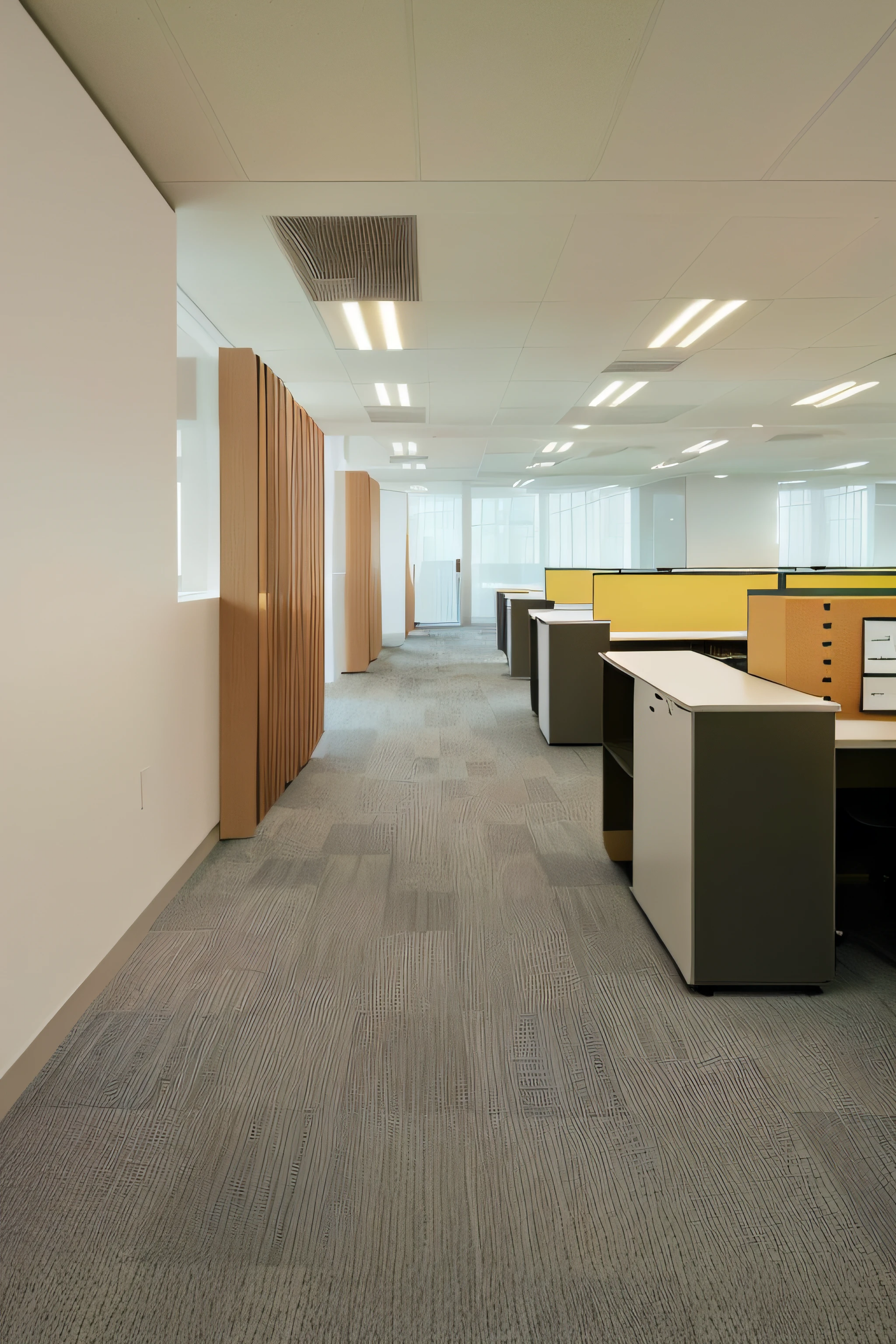 There is a long room,There is a table and a chair inside, Office cubicles, Compartment, office, Empty office corridors, office ceiling panels, empty office, in a open-space working space, author:Yokoyama Grand View, office room interior, carpeted floor, Modern office, Inspired by Naodo Nakamura, cubical meeting room office