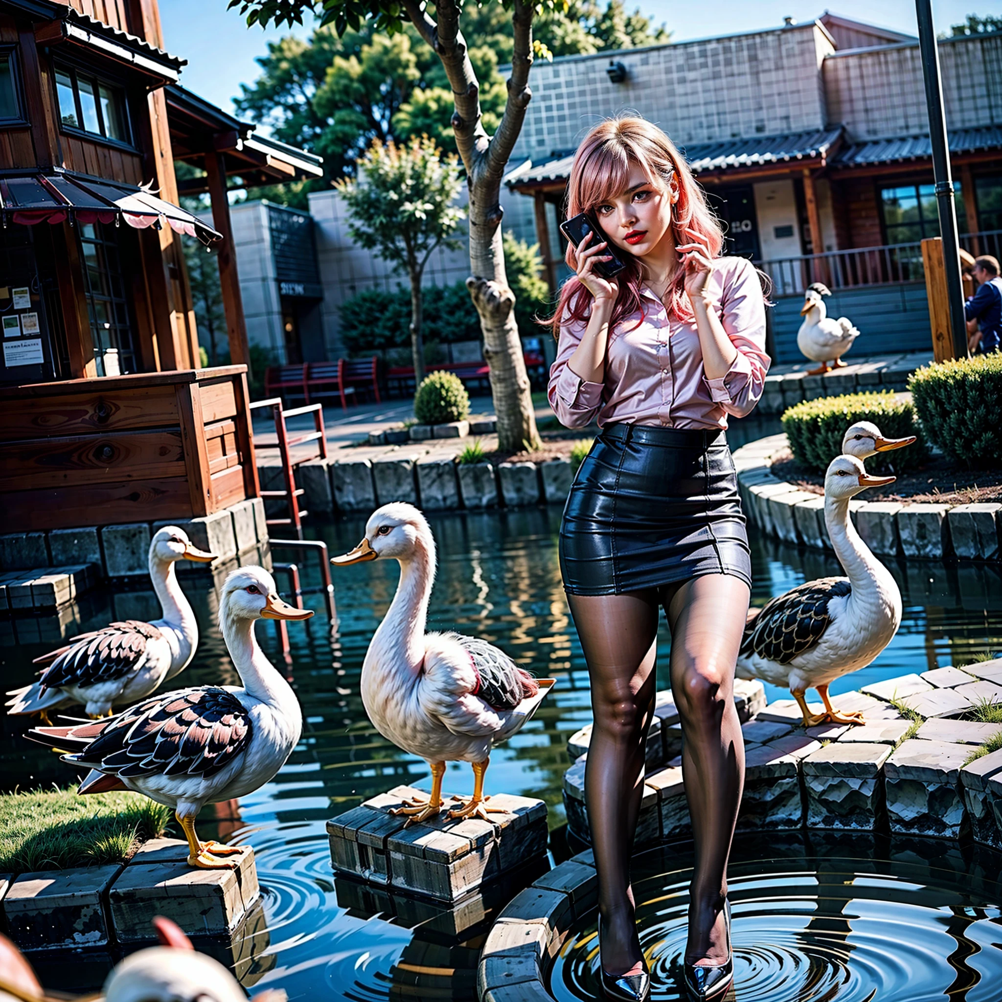 (a beautiful woman is taking pictures of ducks in a pond), (pink hair), (red lips, makeup), (white blouse), (black pencil skirt), (((black pantyhose))), ((a pair of ggx heels)), Realistic, Photorealistic, (masterpiece), highly detailed, octane render, 4k, best quality, ((full_body)), (wide angle shot), (studio lightning)