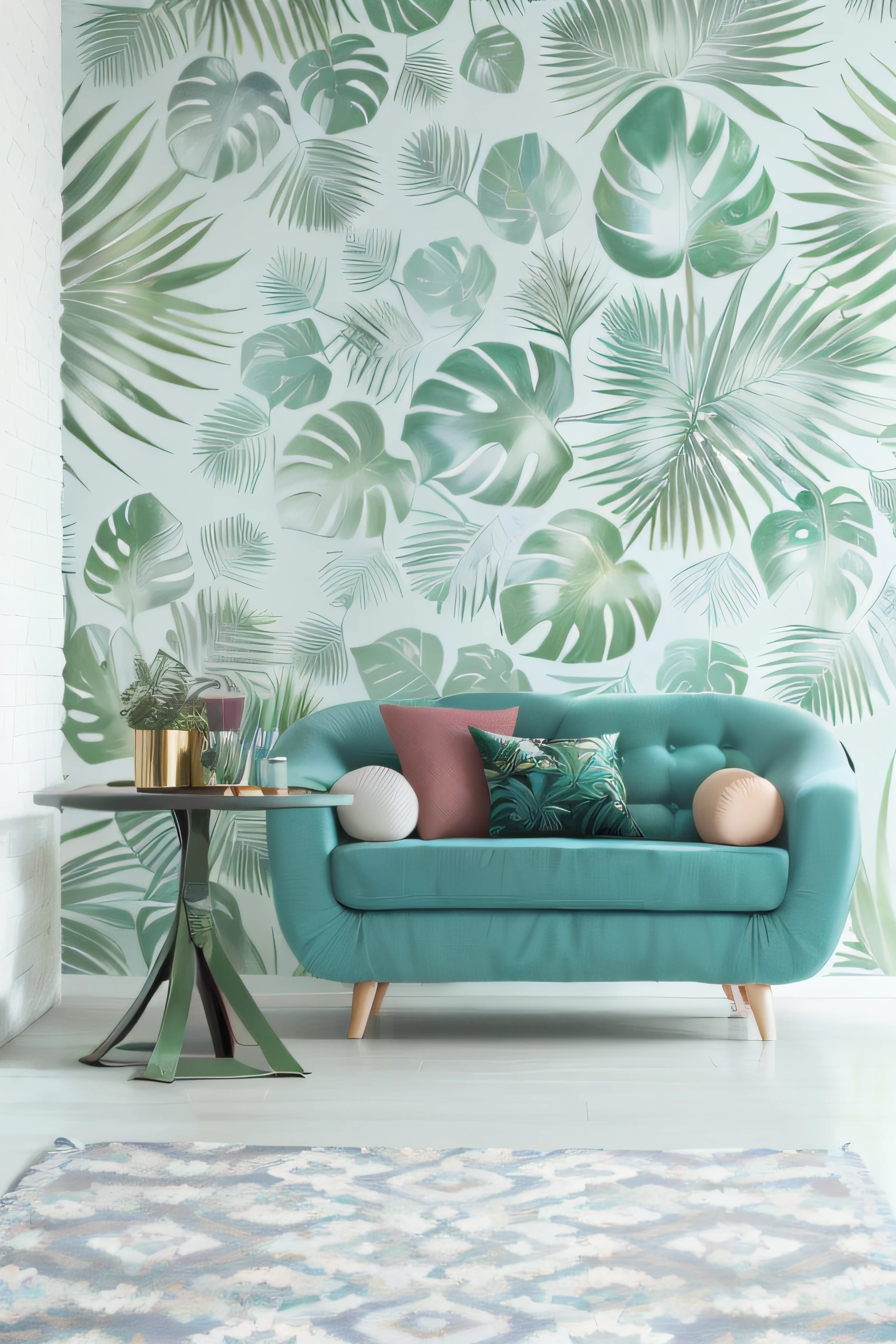Close-up of sofa with pillows and a table with plants, wallpaper on the walls, wallpaper design, the wallpaper, tropical atmosphere, dark teal couch, photo - realistic wallpaper, pristine quality wallpaper, tropical style, living room wall background, Tropical leaves, tropical mood, trending on pinterest，maximalist, perfect maximalistic composition, wall paintings