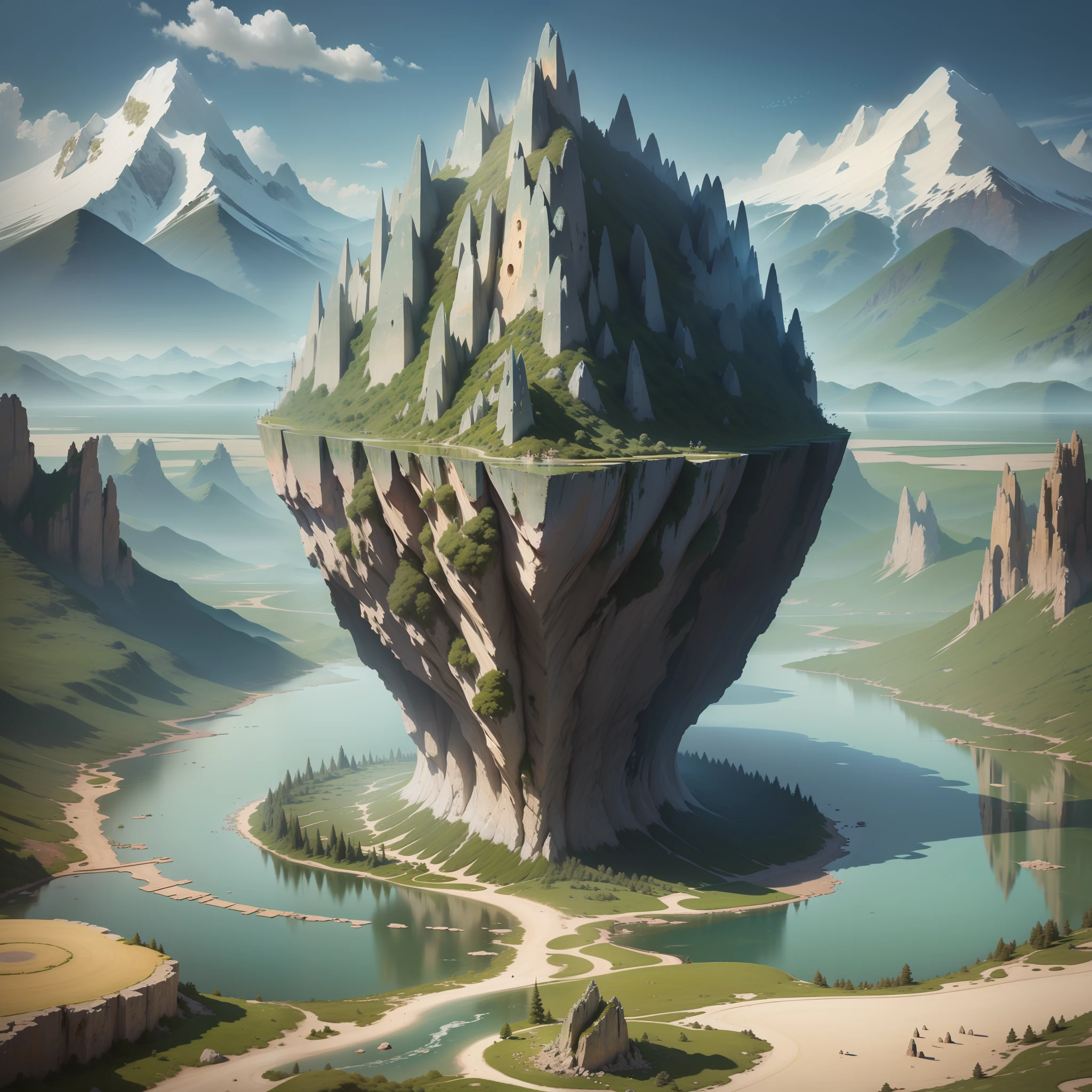 hyper HD, retinas, Anatomically correct, Textured skin, Super detail, Best quality, A high resolution,Beautiful landscape painting,(fantastical landscapes:1.4),Meandering river,(The river water is honey water:1.3),Strange rocks,(The stone is hexagonal honey wax:1.3)+(High-tech hive suspended in the sky:1.3)+(Peaks of various shapes are hives disguised as mountains:1.3),((The camouflage is crumbling:1.2)),