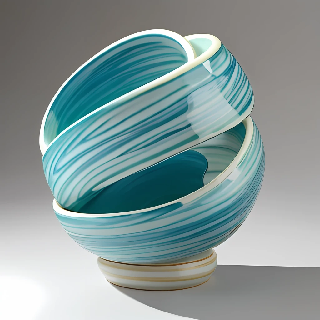 On the table rests a blue ceramic sculpture,The surface has complex and elegant curves,white backgrounid, Dipped in polished blue ceramic, celadon glaze, glazed ceramic, with celadon glaze, artwork of a, swirl, flowing aqua silk, Contemporary ceramics, Turquoise, pastel glaze, made of glowing wax and ceramic, glaze, cerulean --auto