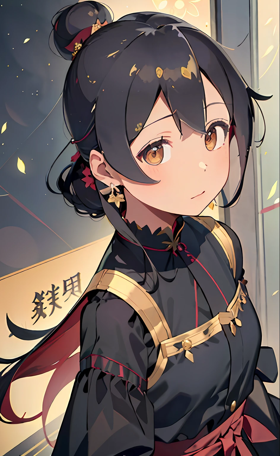 Mature girl ，Black color hair，Floating hair，Delicate and agile eyes，Starry pupils，Intricate damask hanfu，Gorgeous accessories，Wearing pearl earrings，fov，F1.8，tmasterpiece，Complexscenes，Petals flying，Frontal portrait shot，Chang'e，Oyama Makoto