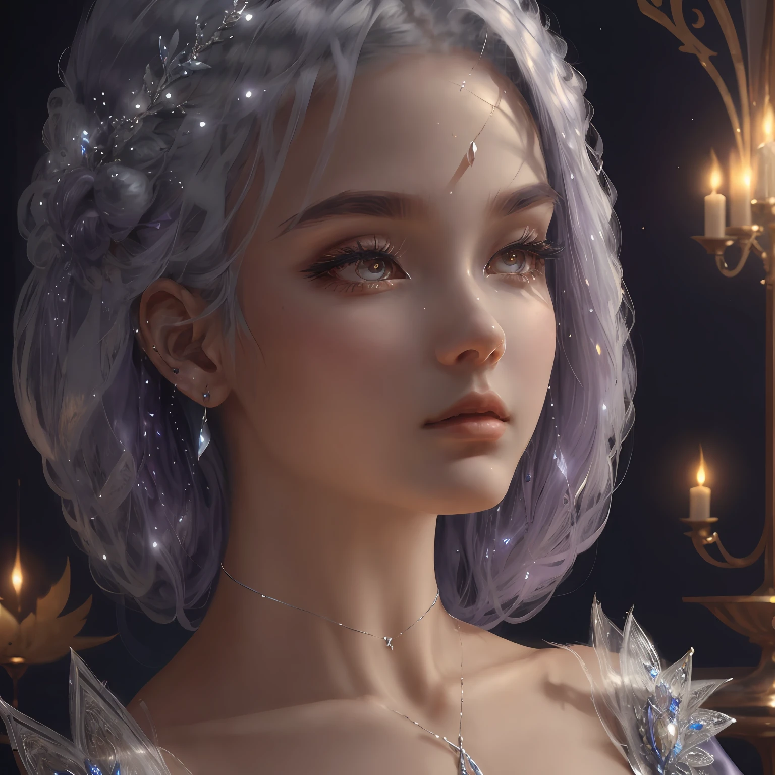 Vixen, graceful, beautiful face, charming eyes, silver hair, delicate clothing, antique clothing, charming, elegant, (masterpiece:1.2), best quality, masterpiece, hires, original, extremely detailed wallpaper, perfect lighting, (extremely detailed CG:1.2) sexy_lip, purple_eye, eyeshadow, (face), blue_hair, earrings, night_sky, dunhuang_style, Sexy, Crop Top, Delicate Collarbone, 3D model --auto