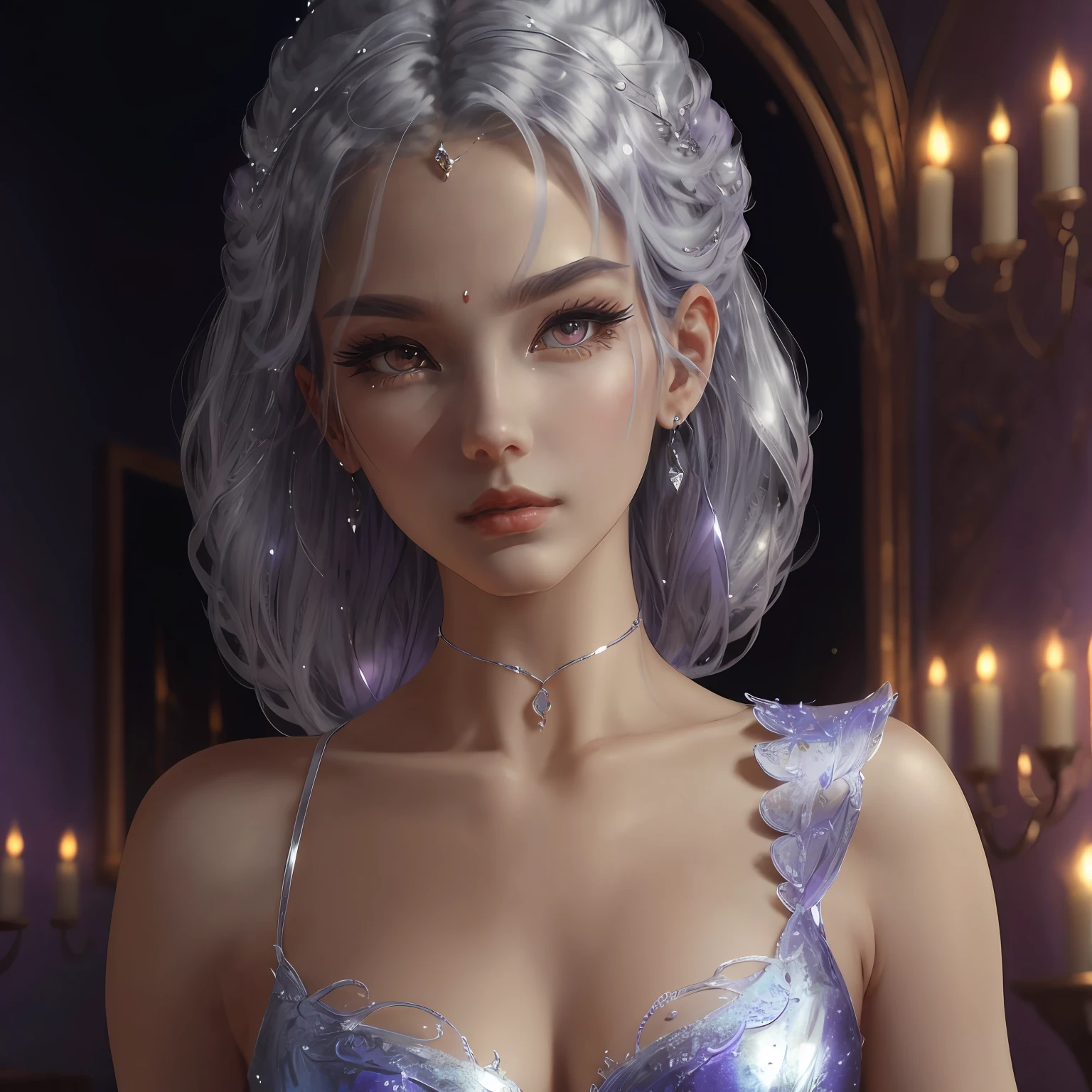 Vixen, graceful, beautiful face, charming eyes, silver hair, delicate clothing, antique clothing, charming, elegant, (masterpiece:1.2), best quality, masterpiece, hires, original, extremely detailed wallpaper, perfect lighting, (extremely detailed CG:1.2) ????_lip, purple_eye, eyeshadow, (face), blue_hair, earrings, night_sky, dunhuang_style, ????, Crop Top, Delicate Collarbone, 3D model --auto