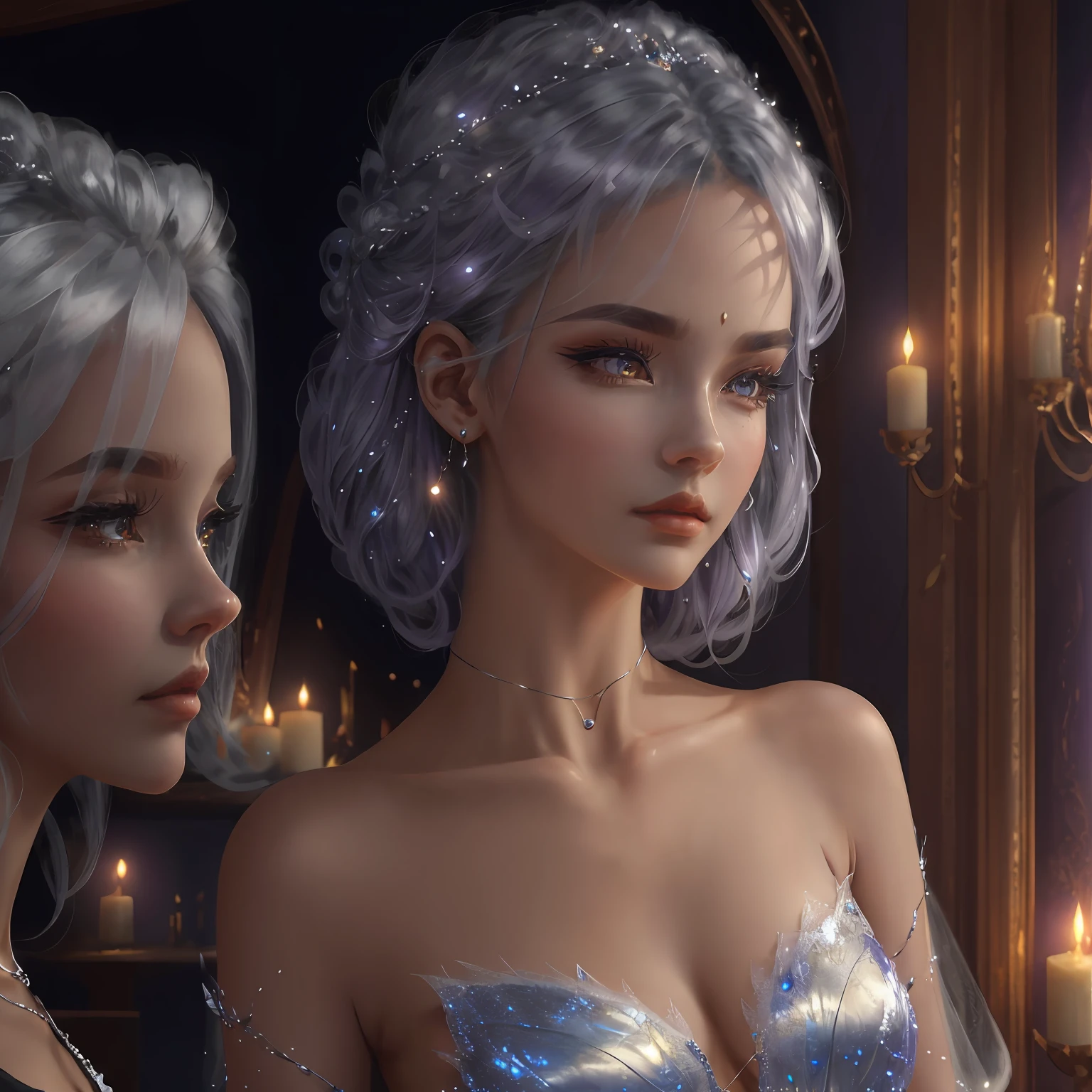 Vixen, graceful, beautiful face, charming eyes, silver hair, delicate clothing, antique clothing, charming, elegant, (masterpiece:1.2), best quality, masterpiece, hires, original, extremely detailed wallpaper, perfect lighting, (extremely detailed CG:1.2) sexy_lip, purple_eye, eyeshadow, (face), blue_hair, earrings, night_sky, dunhuang_style, Sexy, Crop Top, Delicate Collarbone, 3D model --auto