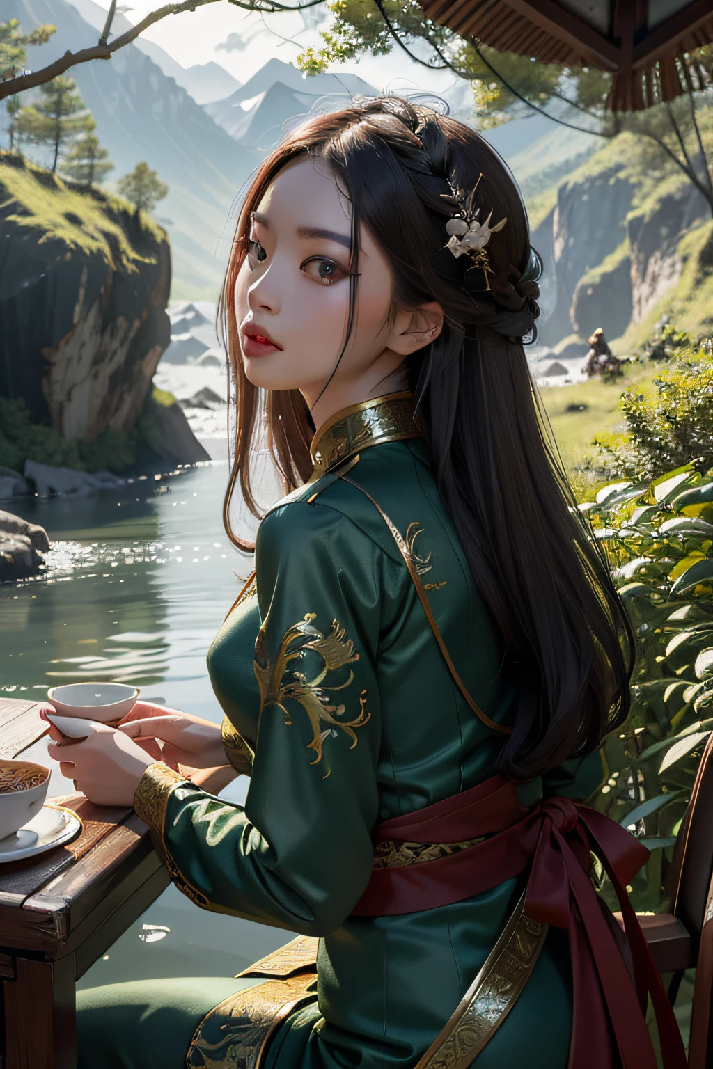 In a secluded wood,With your back against a big mountain,There is rich vegetation and river details,Beautiful girl in cheongsam,Sit at the tea table and drink tea,There is a dragon soaring above its back,Themed around dragons and girls,The overall is punk style,It is a high-quality film、A masterpiece of digital art in 8K resolution。