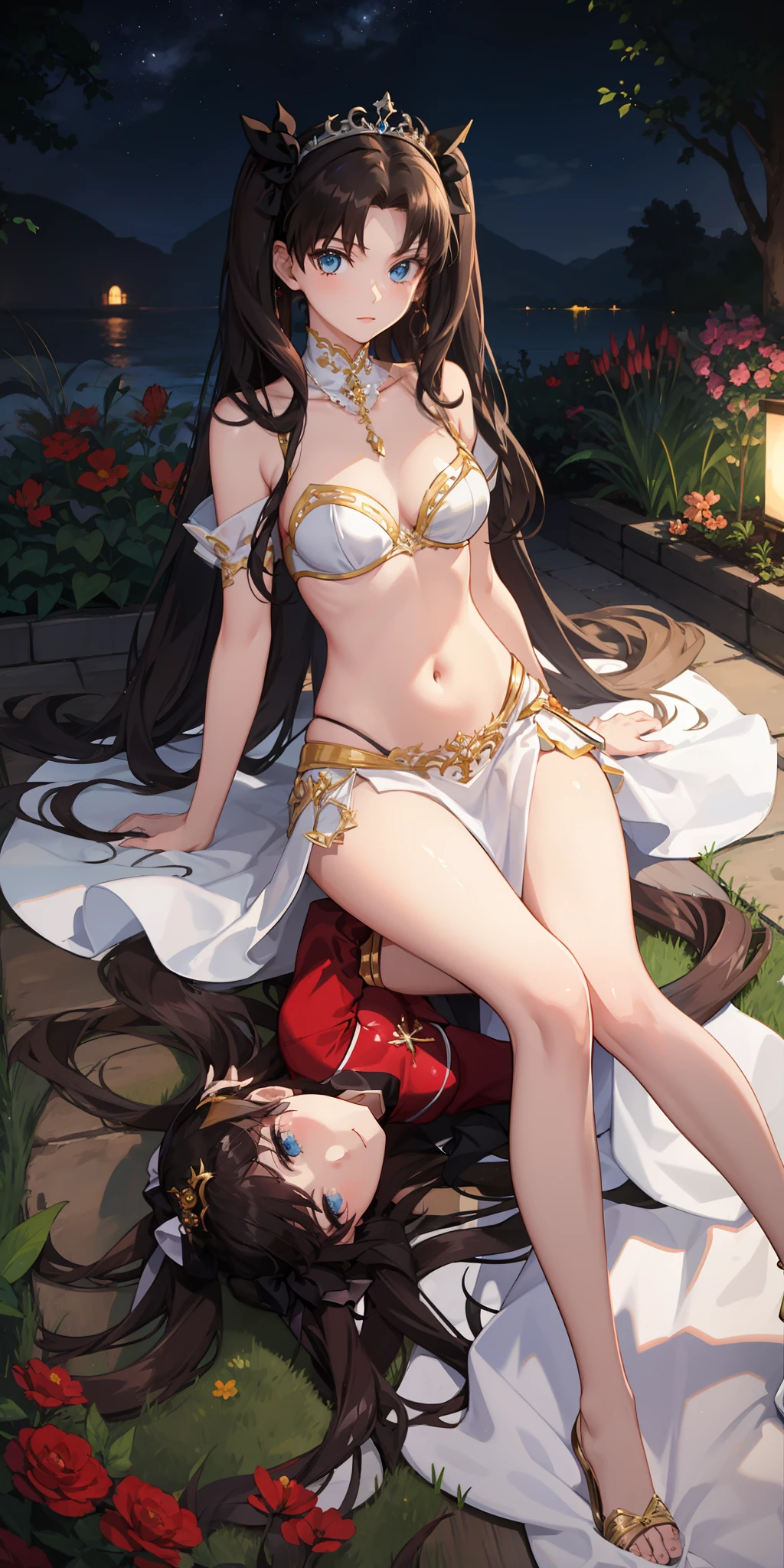 long hair, black hair, medium breast, slim legs, nervous, white gown, cleavage, arabian belly dancer , skirt, rin tohsaka, twin tail, navel, garden, night, laying down, blue eyes, tiara