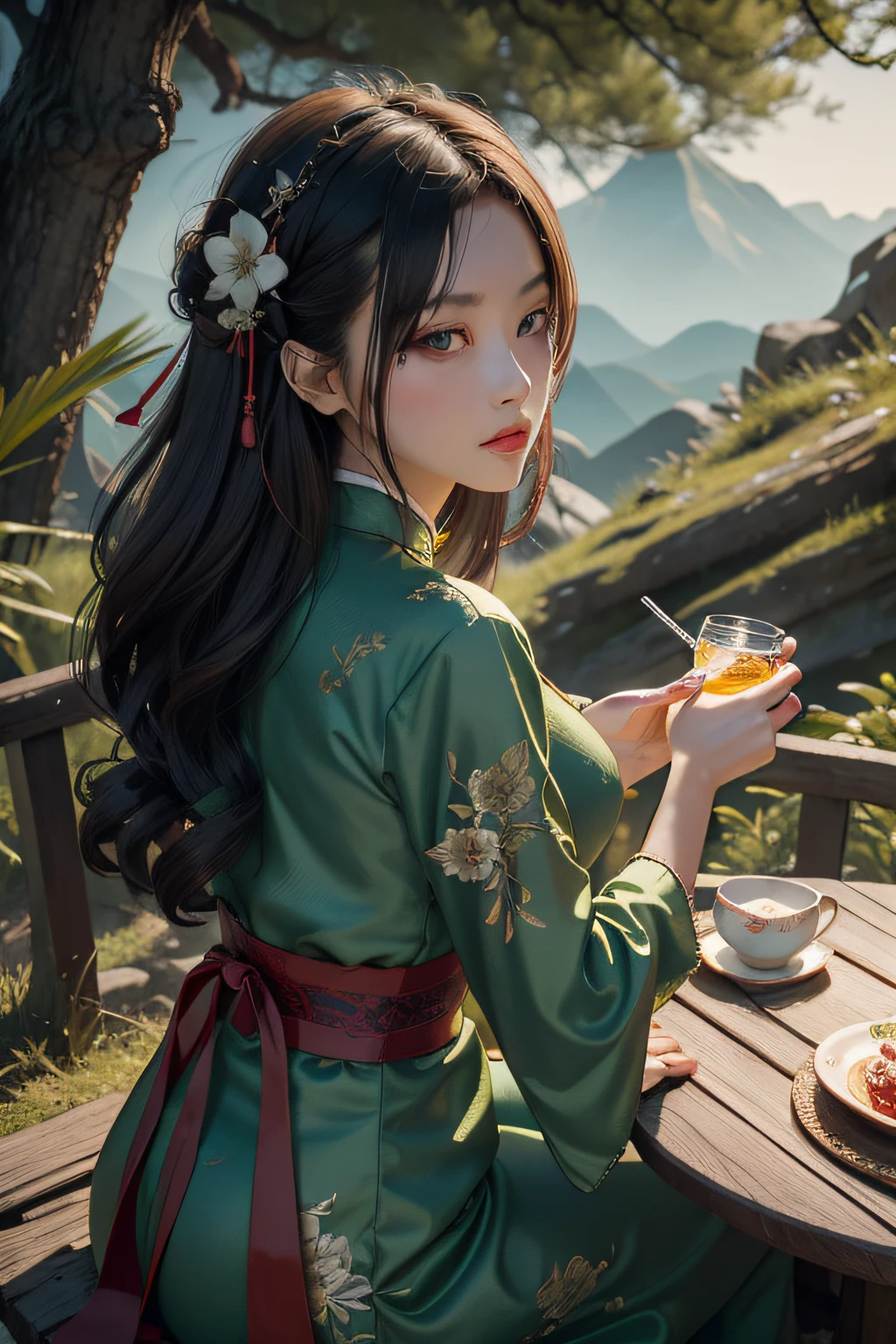 In a secluded wood，With your back against a big mountain，There are dragons soaring at the top of the mountain，There is rich vegetation and river details，Beautiful girl in cheongsam，Nice and charming sides，Sit at the tea table and drink tea，This image is based on the theme of a flying dragon and a girl sitting upright，The overall is Segpunk style，It is a high-quality film、A masterpiece of digital art in 8K resolution。