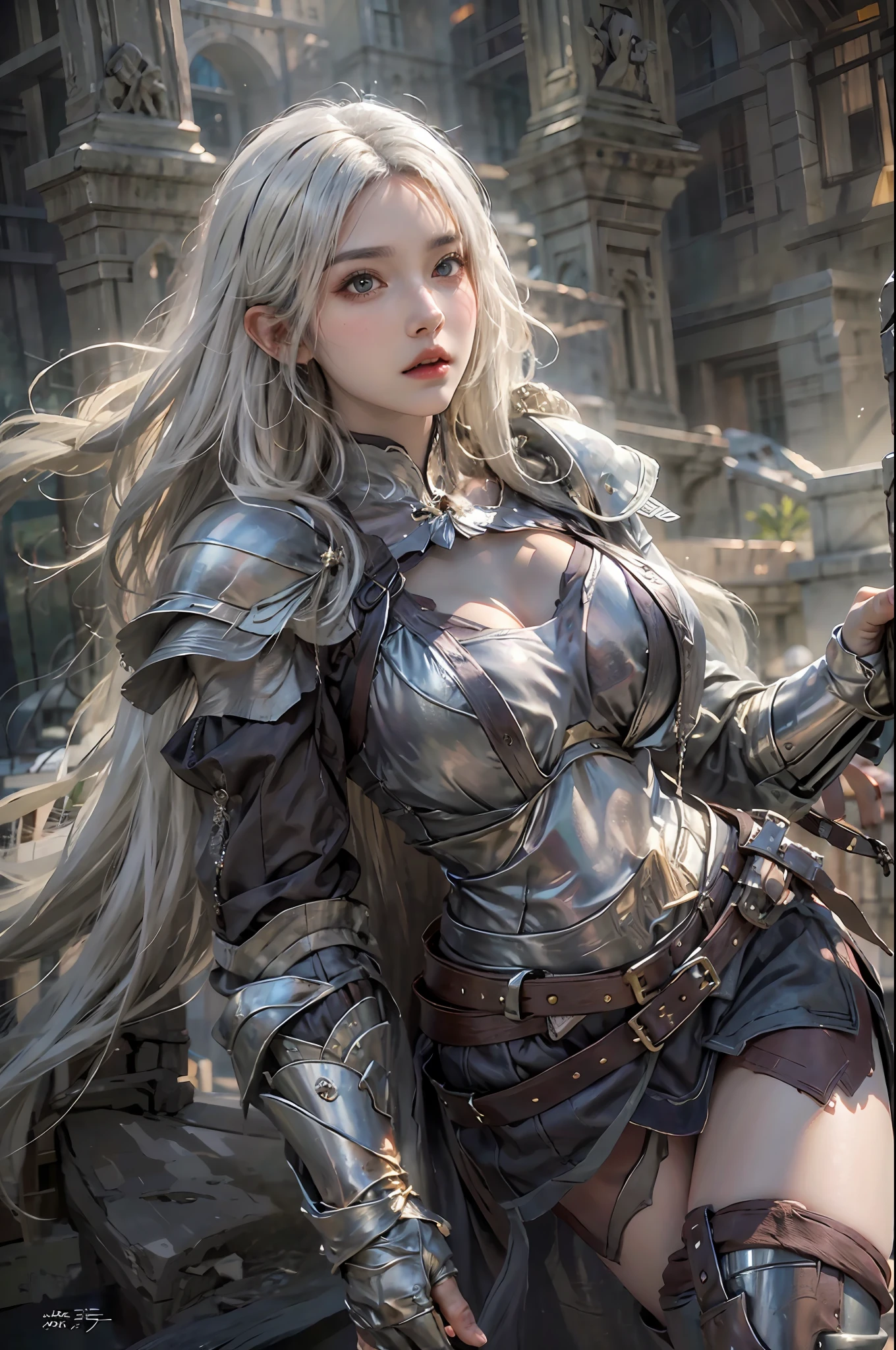 photorealistic, high resolution, 1 girl, hips up, white long hair, beautiful eyes, normal breast, dark souls style, knight armor