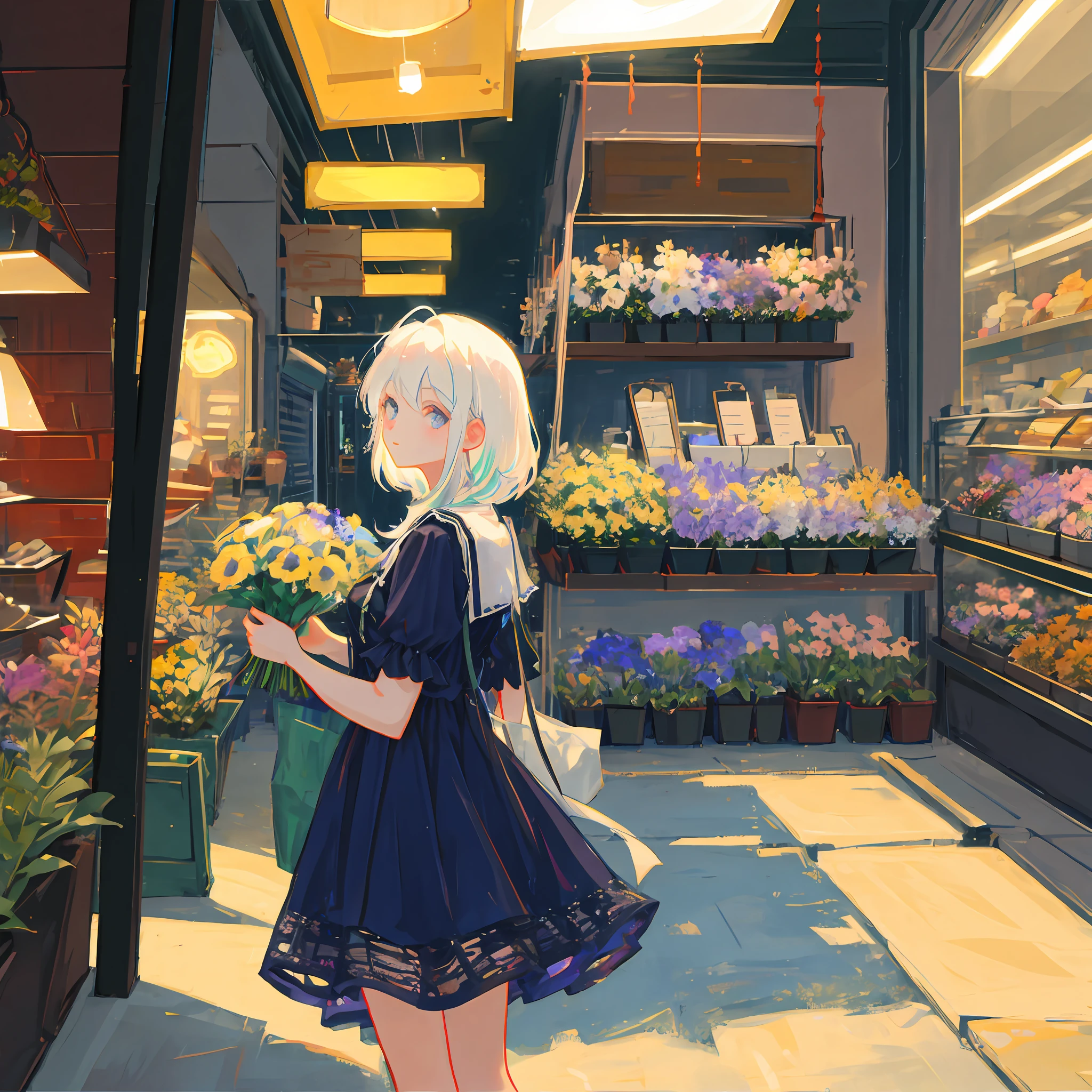 White-haired girl looking at a flower shop under a street lamp,There are many flowers of different colors in the flower shop,The girl is in front of the flower shop,wearing a light blue dress