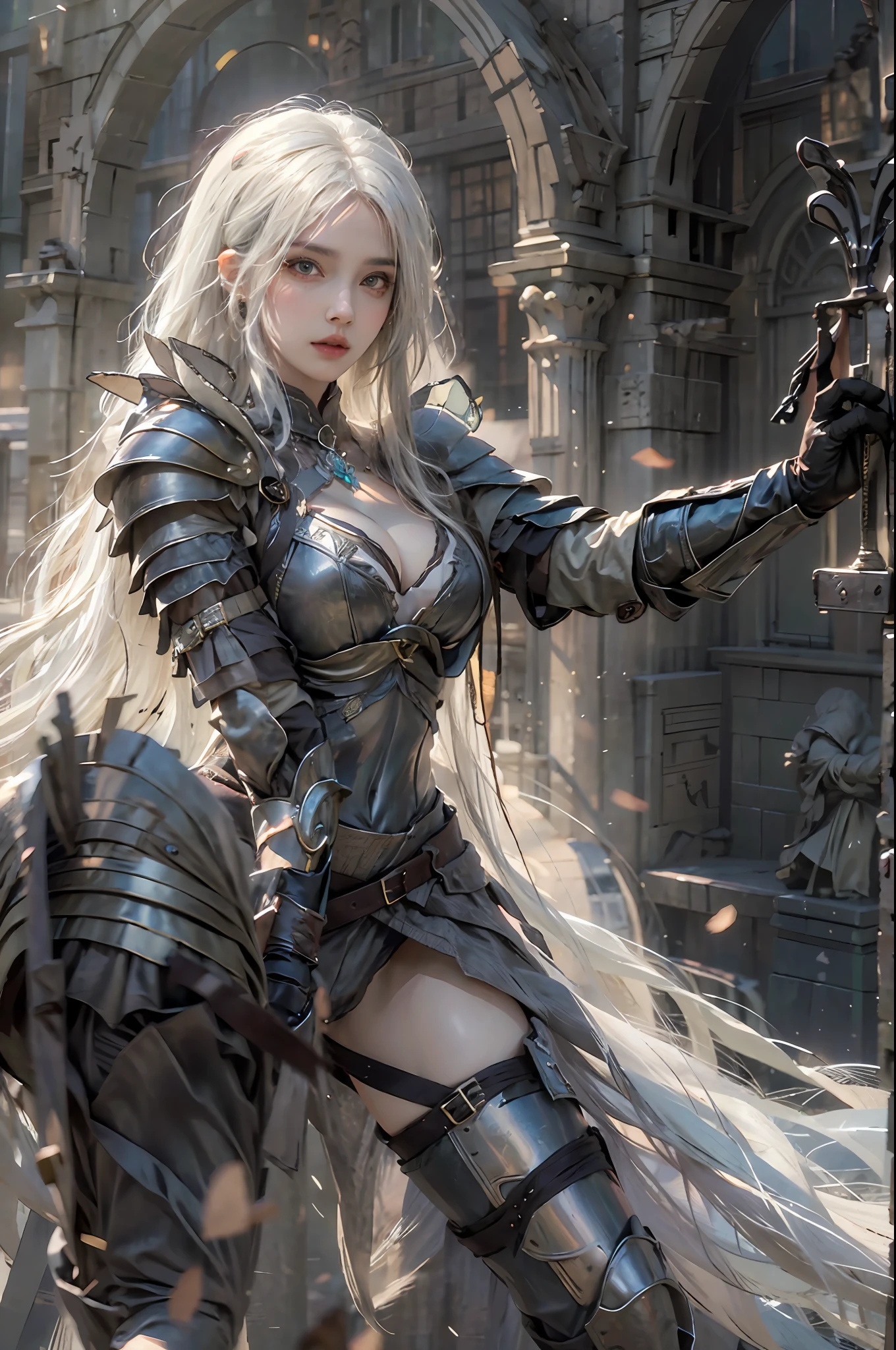 photorealistic, high resolution, 1 girl, hips up, white long hair, beautiful eyes, normal breast, dark souls style, knight armor