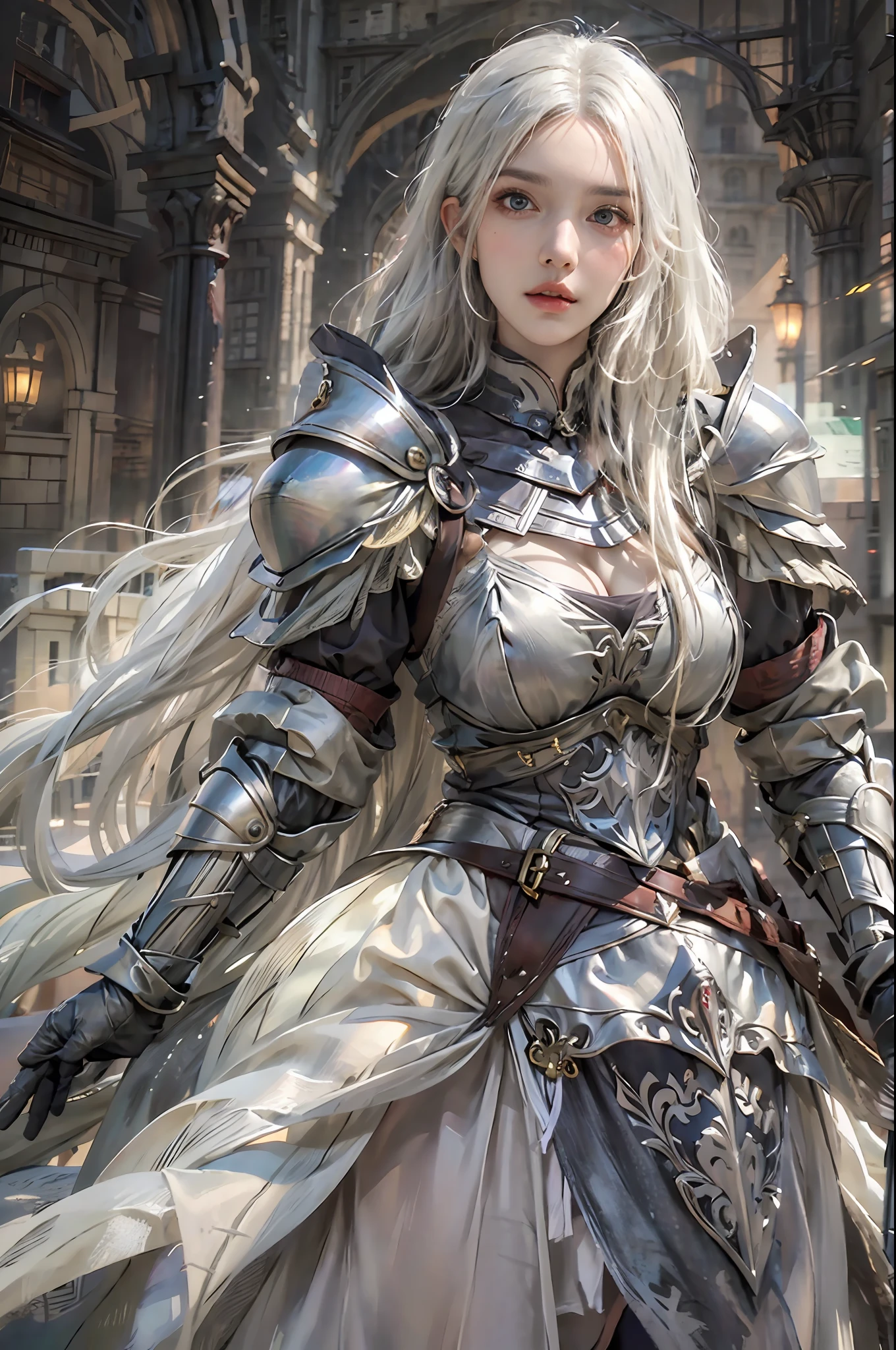 photorealistic, high resolution, 1 girl, hips up, white long hair, beautiful eyes, normal breast, dark souls style, knight armor