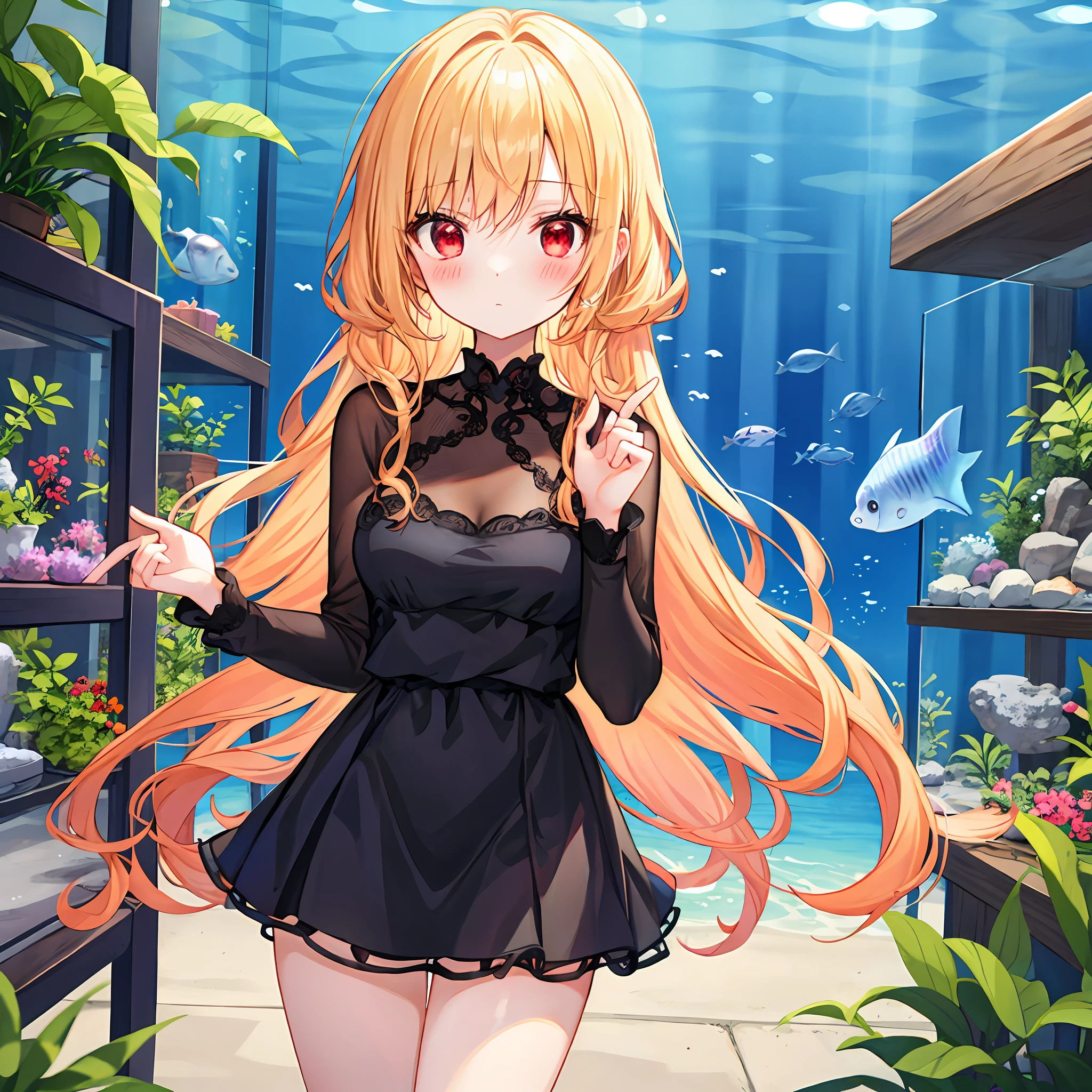 red blush、Wavy blonde hair、red eyes、Beautiful girl alone、animesque、独奏、Black dress、a miniskirt、lonely、aquariums