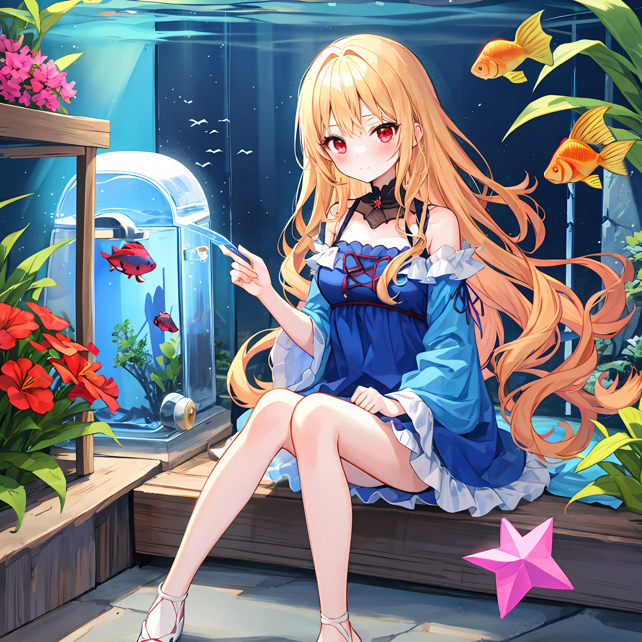 red blush、Wavy blonde hair、red eyes、Beautiful girl alone、animesque、独奏、Blue dress、a miniskirt、lonely、aquariums