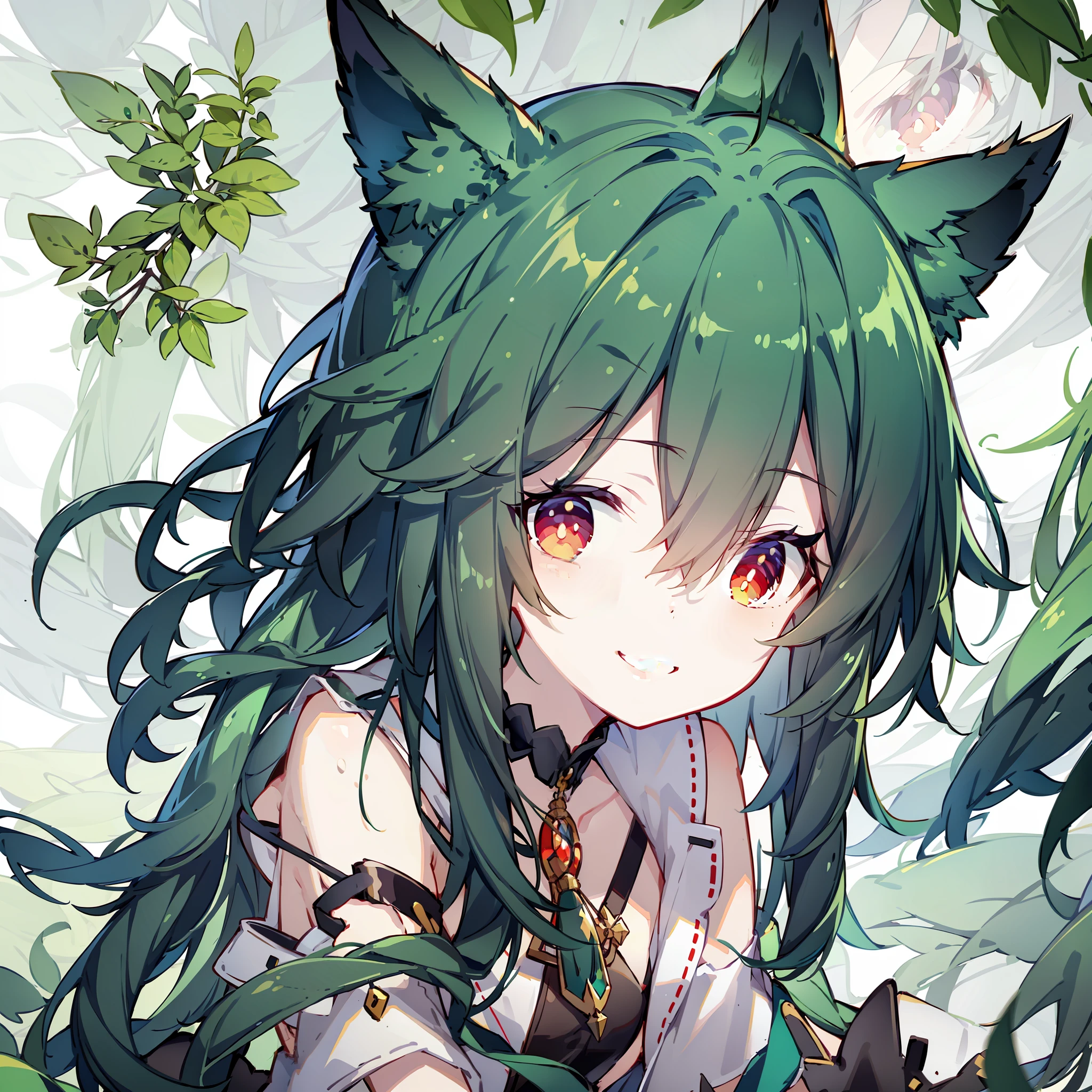 Green hair，Red eyes，cat ear，ssmile，white  clothes