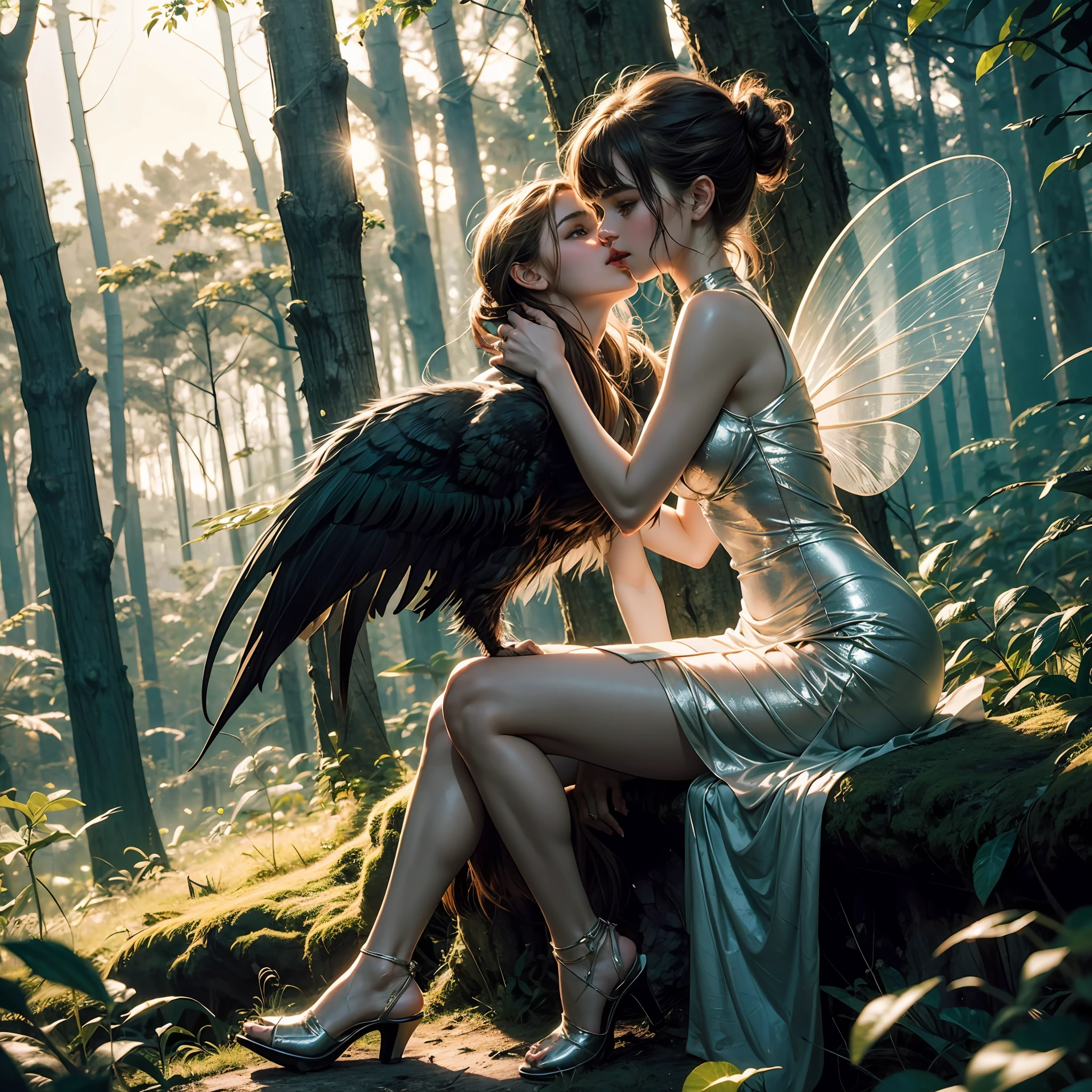 a hauntingly beautiful teen emma watson as fairy sitting on a fence in the forest. her vibrant and youthful features create a striking juxtaposition of ethereal beauty. tight latex fairy dress, short dress, sparkly wings. A giant bug is eating her. kissing.