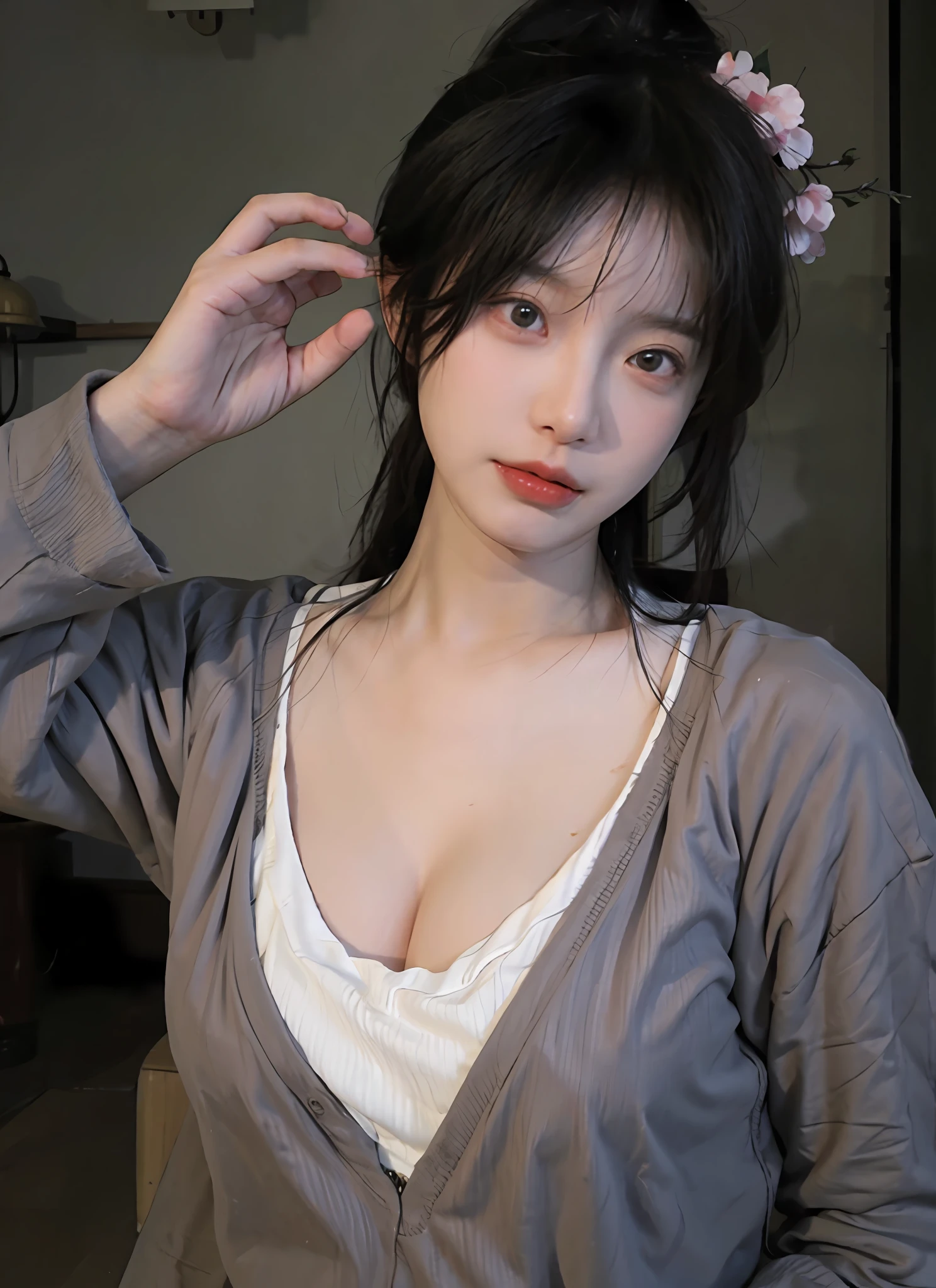 best qualtiy， 超高分辨率， （realisticlying：1.4）， one-girl， A pair of clear and moving peach blossom eyes,Royal sister，a sense of atmosphere，Beautuful Women，（Faded gray-gray hair：1）， （big cleavage breasts：1.3）， looking at viewert， closeup cleavage ，