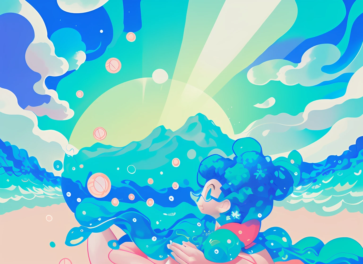 Watermelon and a bunch of fish floating in the sea,Watermelon pulp and seeds,Cut watermelon,high quality desktop wallpaper,Stunning wallpapers,4 k hd illustrative wallpaper,Watermelon themed material,Dynamic blue water effect,4k manga wallpapers,colorful anime movie background,Estilo de Makoto Shinkai:cyril rolando and goro fujita,Beautiful artistic illustration。Cool in summer,Small Fresh