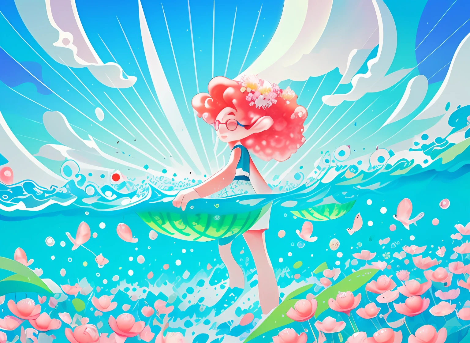 Watermelon and a bunch of fish floating in the sea，Watermelon pulp and seeds，Cut watermelon，high quality desktop wallpaper，Stunning wallpapers，4 k hd illustrative wallpaper，Watermelon themed material，Dynamic blue water effect，4k manga wallpapers，colorful anime movie background，Estilo de Makoto Shinkai：cyril rolando and goro fujita，Beautiful artistic illustration。Cool in summer，Small Fresh