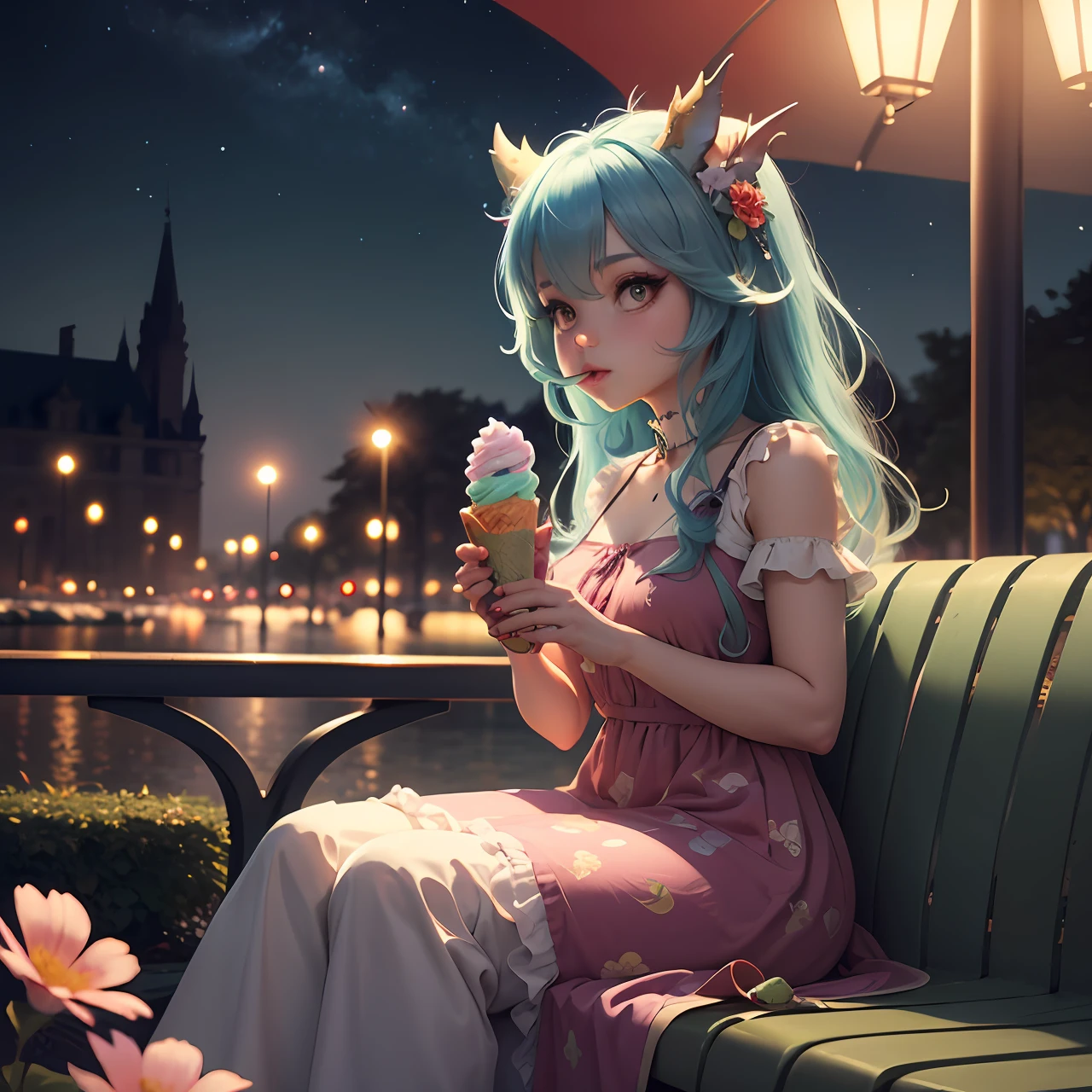 Cute dragon, anthro, female, in cute dress with flowers pattern, eating ice-cream, in beautiful park, beautiful flowers, butterflies, night, detailed, inteicate, cinematic, trending on Pixiv, 4k