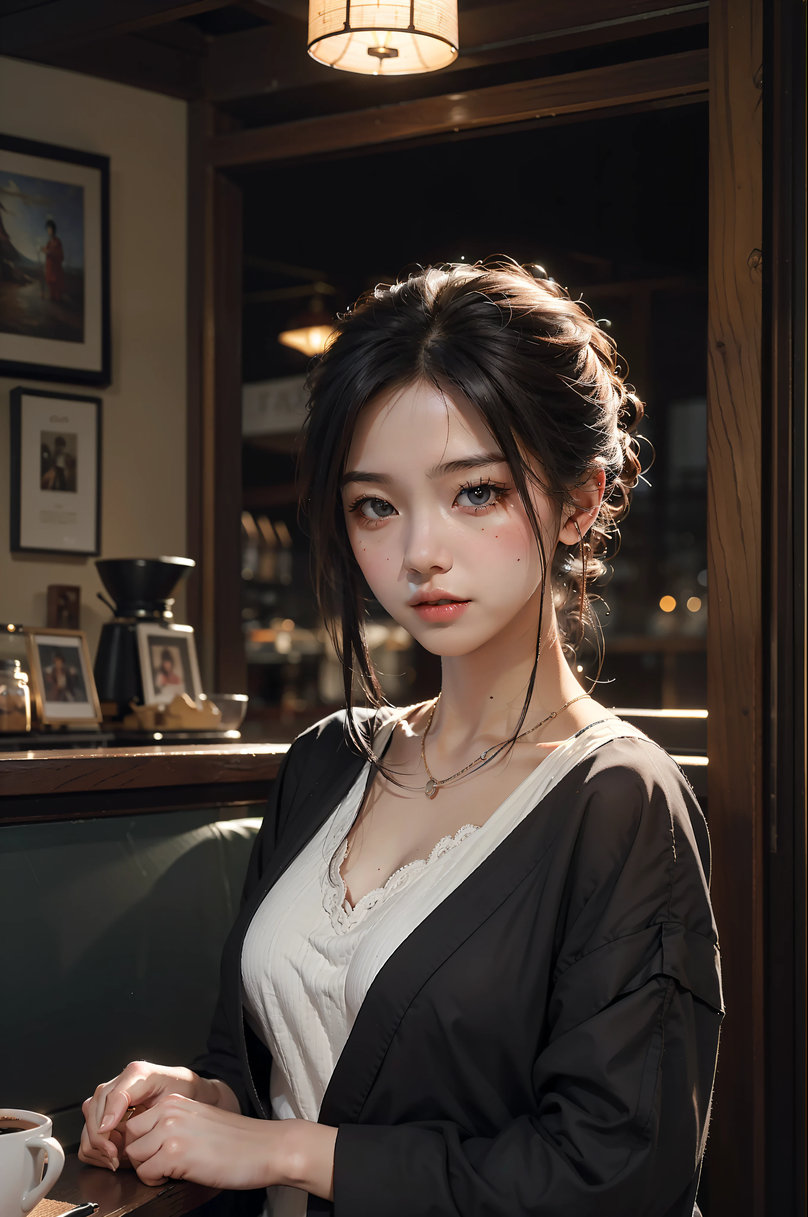 top-quality、​masterpiece、超A high resolution、top-quality、​masterpiece、超A high resolution、(Photorealsitic:1.4)、Raw photo、One girl、The upper part of the body、in coffee shop、Deep Shadows、Night theme、Still bright、asian human、japanes