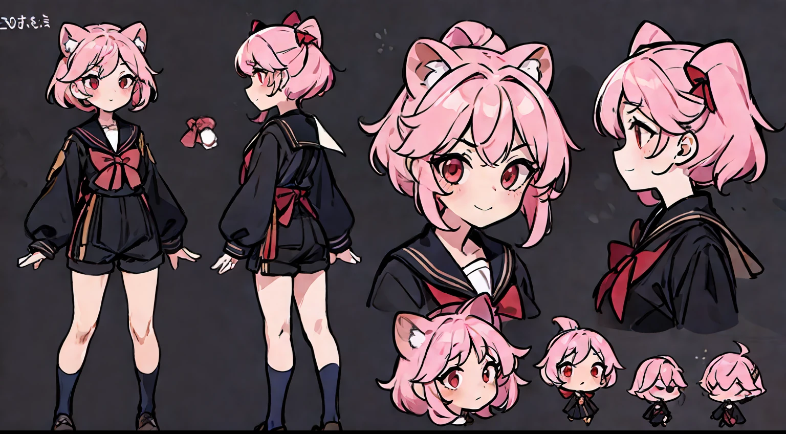 （（tmasterpiece）），（（（best qualtiy））），（character design sheet，Same role，frontage，Lateral face，on  back），1girll，独奏，A pink-haired，red eyes，tmasterpiece，best qualtiy，looking around a corner，full bodyesbian，Height 150cm，A detailed，ssmile，Black sailor costume with shorts，Red bow as accessory，Charturnbetalora，concept-art，concept art of character，Character sketches，reference sheet，Role table，（simplebackground，white backgrounid： 1.3)