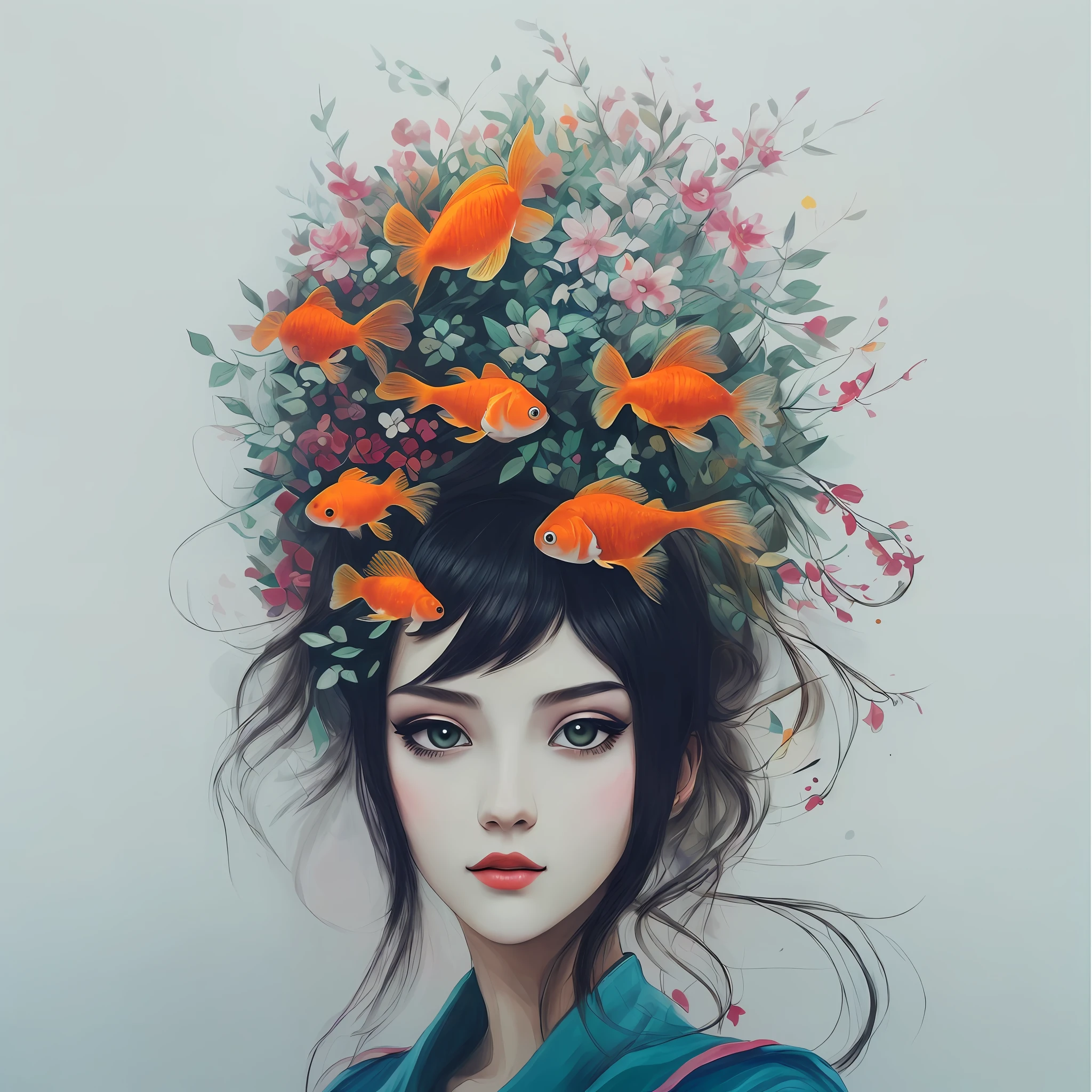 There was a girl with a goldfish hat on her head,Guviz-style artwork,  A beautiful artwork illustration，top-quality，The painting style is delicate，Delicate facial features，Red eyeshadow