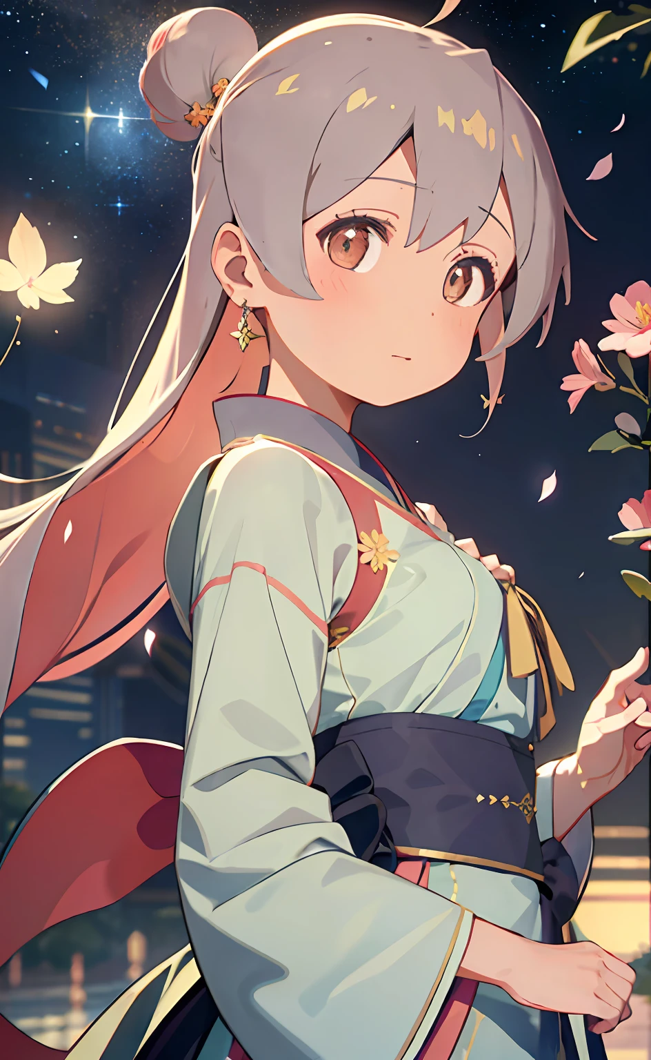 Mature girl ,Floating hair,Delicate and agile eyes,Starry pupils,Intricate damask hanfu,Gorgeous accessories,Wearing pearl earrings,fov,F1.8,tmasterpiece,Complexscenes,Petals flying,Frontal portrait shot,Chang'e,Oyama Makoto
